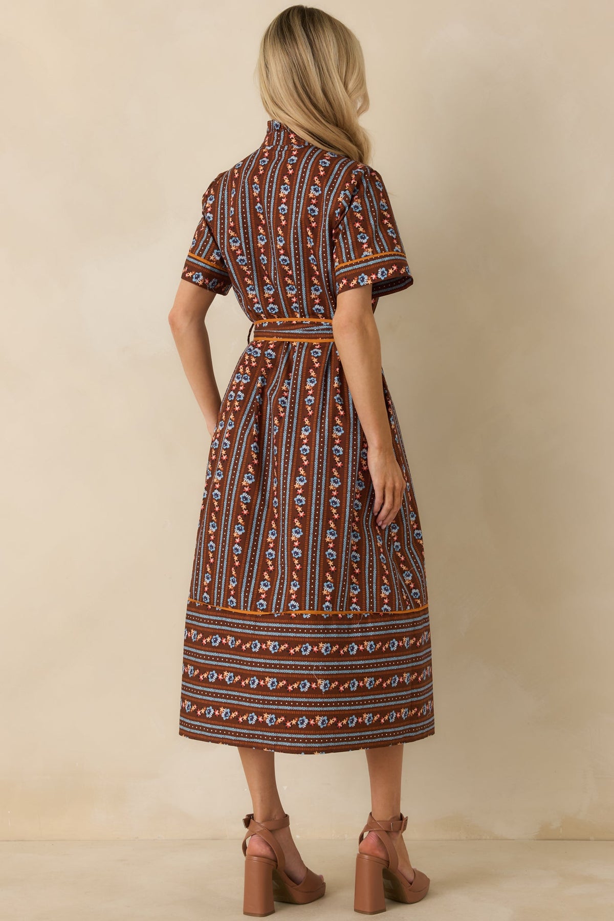 Prosperina Whitaker Brown Multi Floral Stripe Cotton Midi Dress