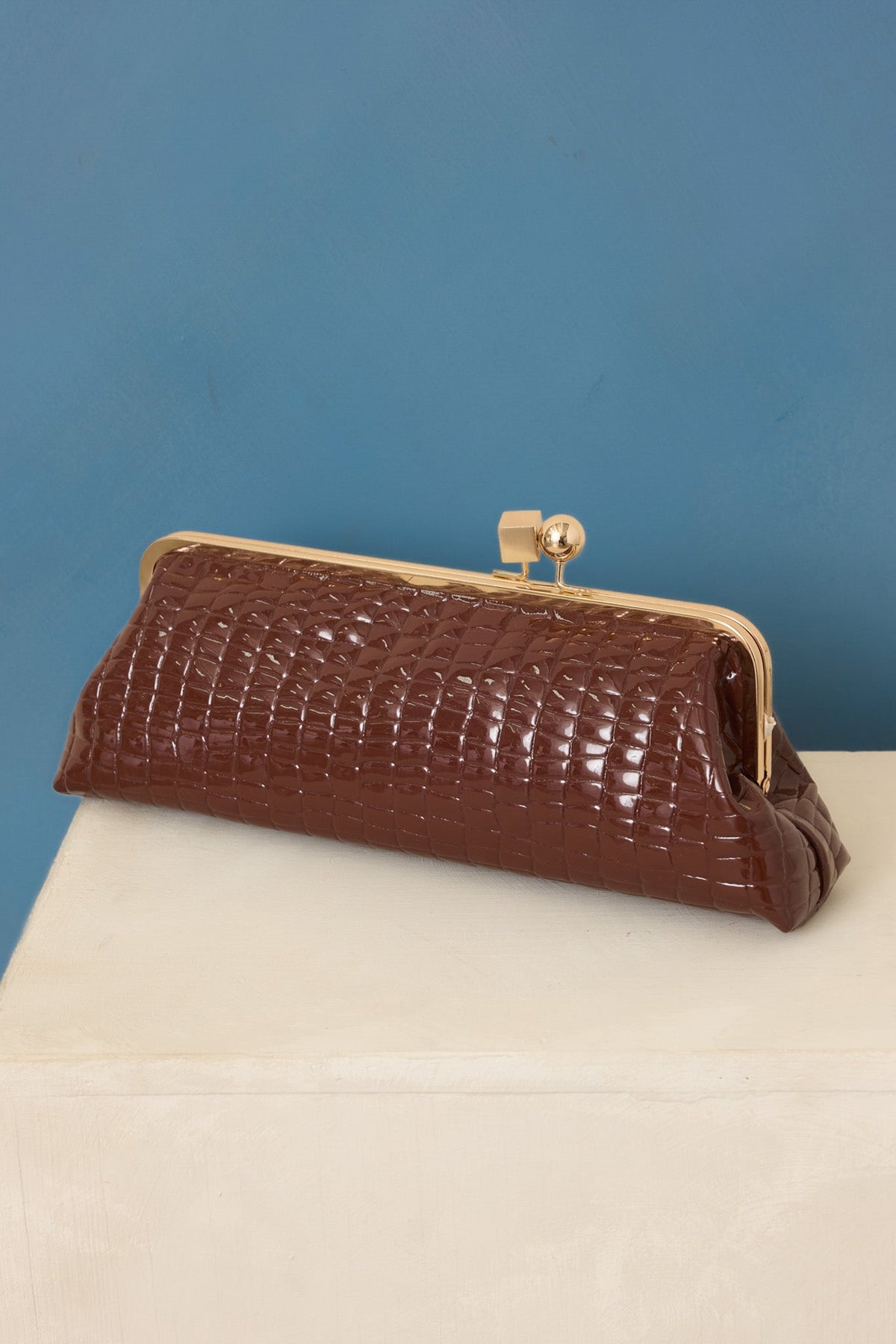 Good Call Chocolate Brown Croc Embossed Faux Leather Clutch Handbag