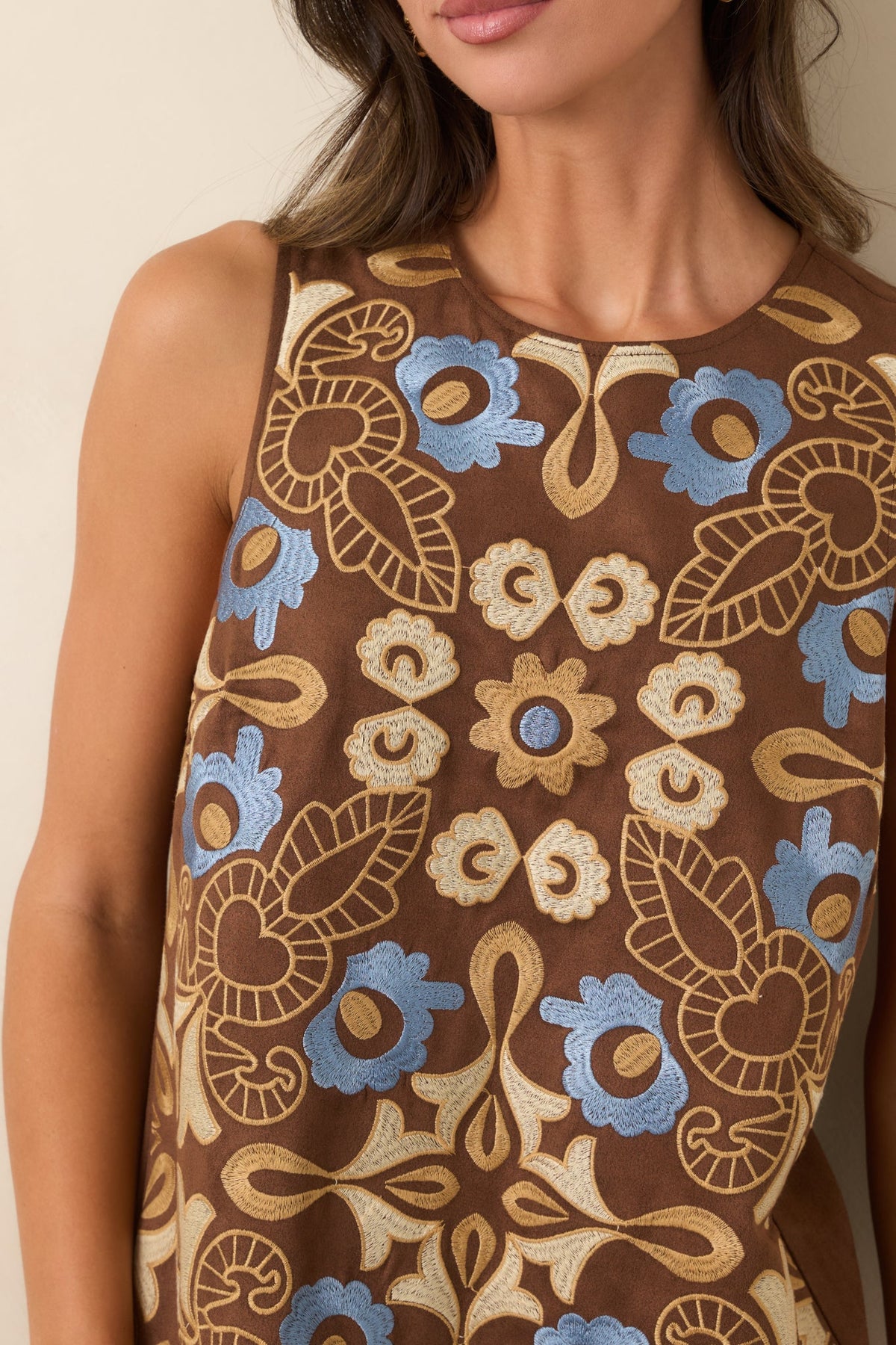 A Fond Memory Brown Multi Floral Embroidered Mini Dress