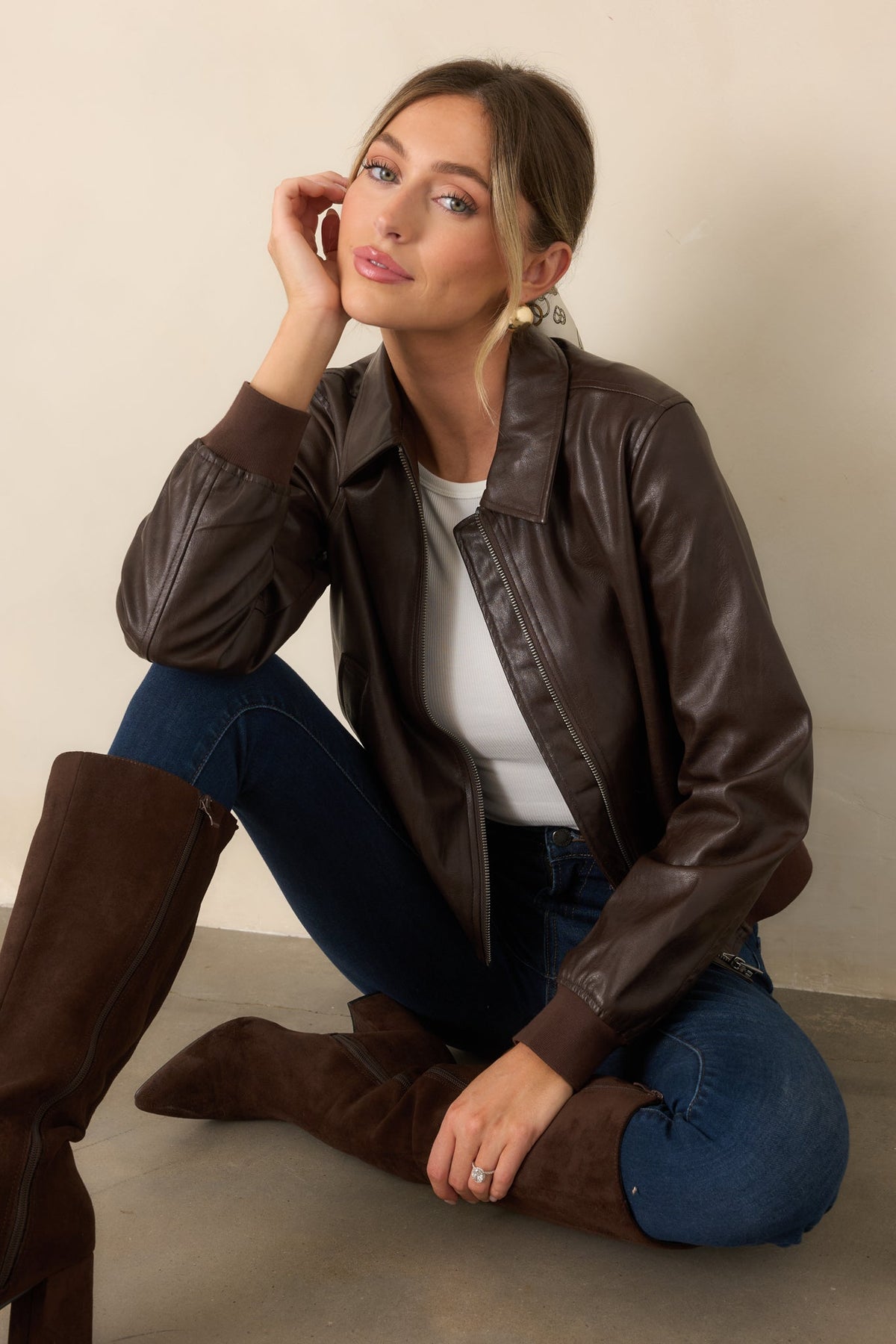 Major Moves Brown Faux Leather Bomber Jacket