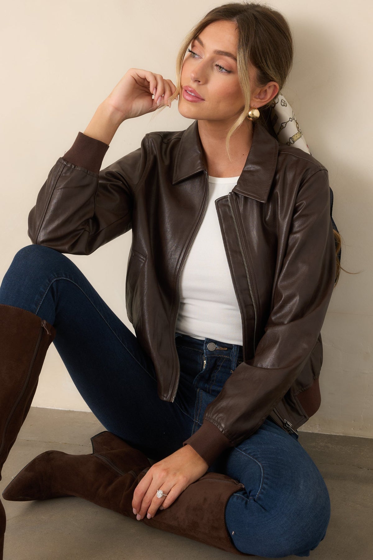 Major Moves Brown Faux Leather Bomber Jacket