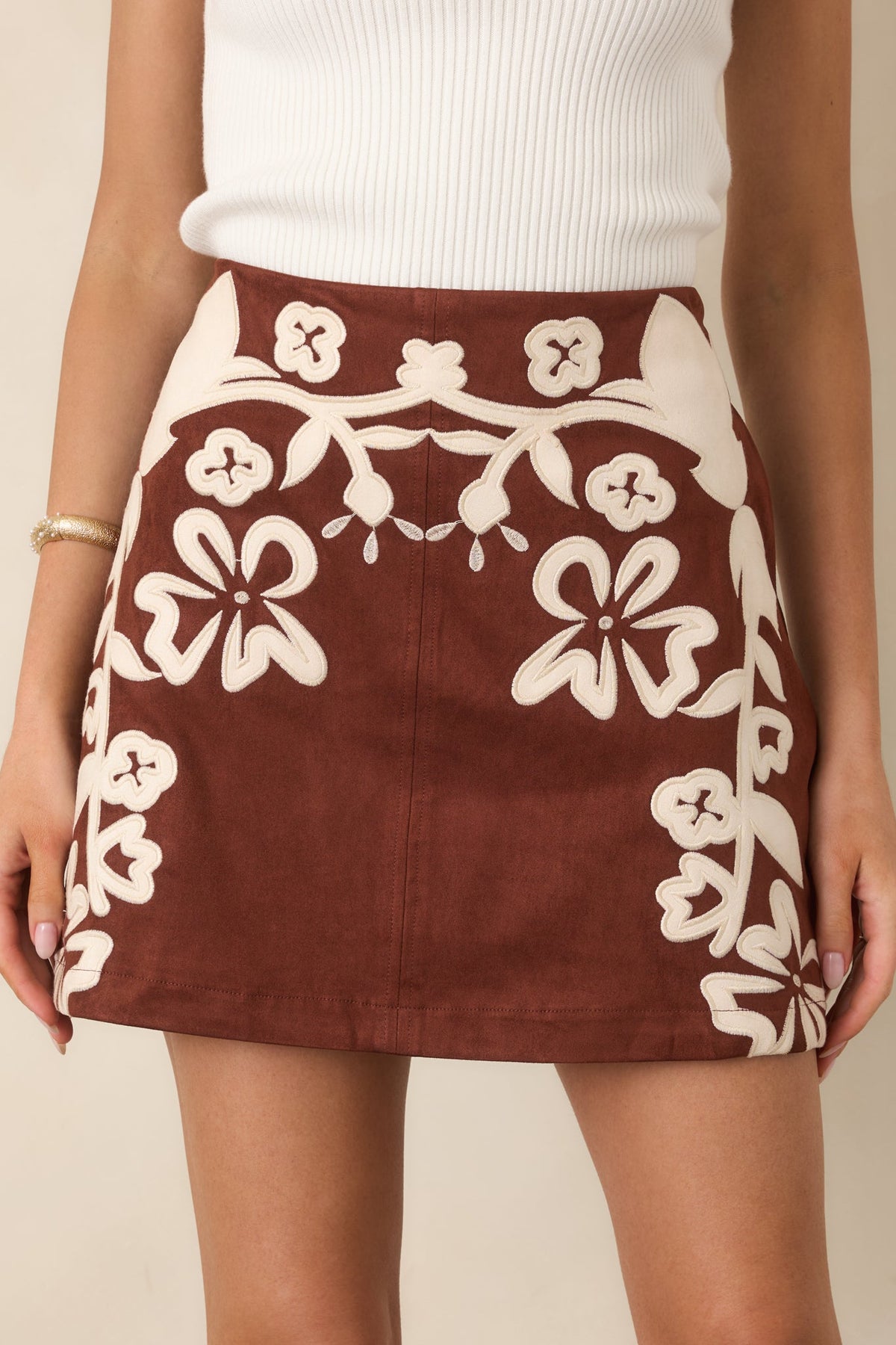 You Know Me So Well Brown & Ivory Floral Appliqué Faux Suede Mini Skirt