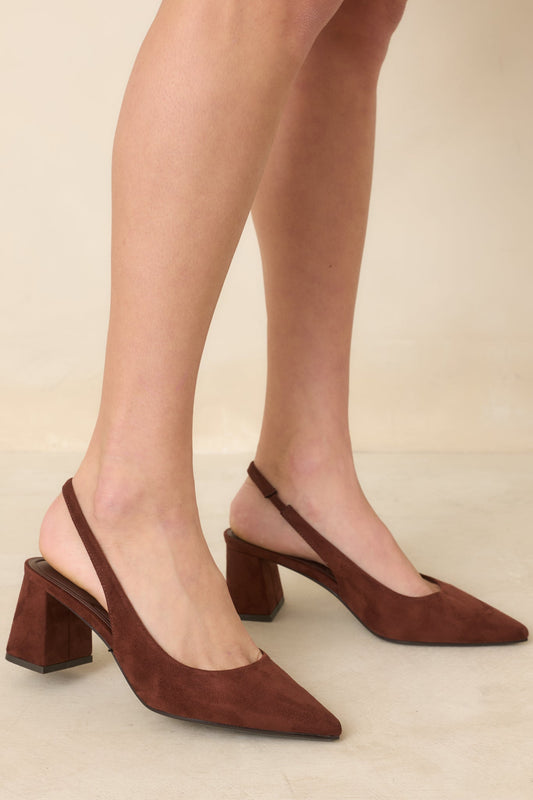 Lost Your Chance Brown Faux Suede Pointed-Toe Slingback Heels