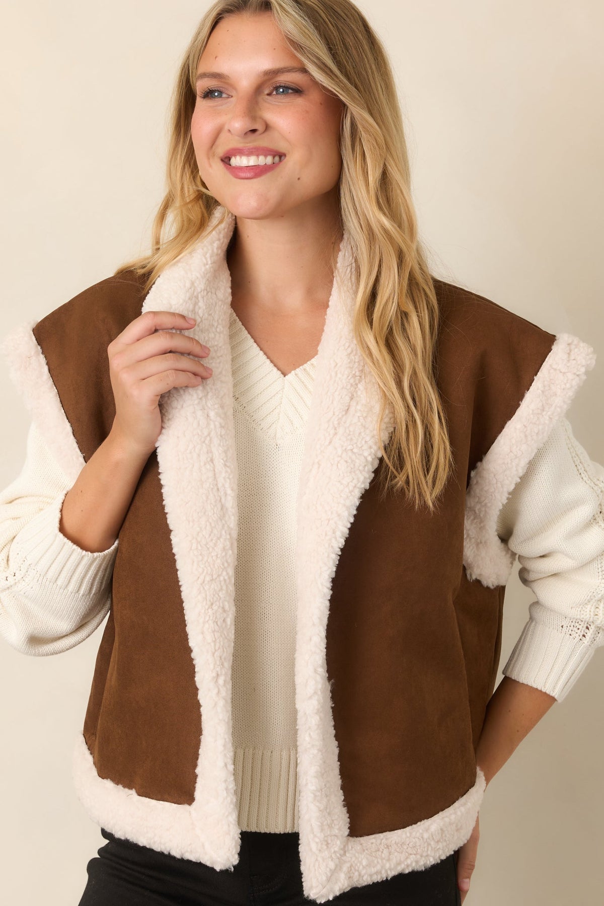 In the Comfort Zone Brown Faux Suede Sherpa Trim Vest