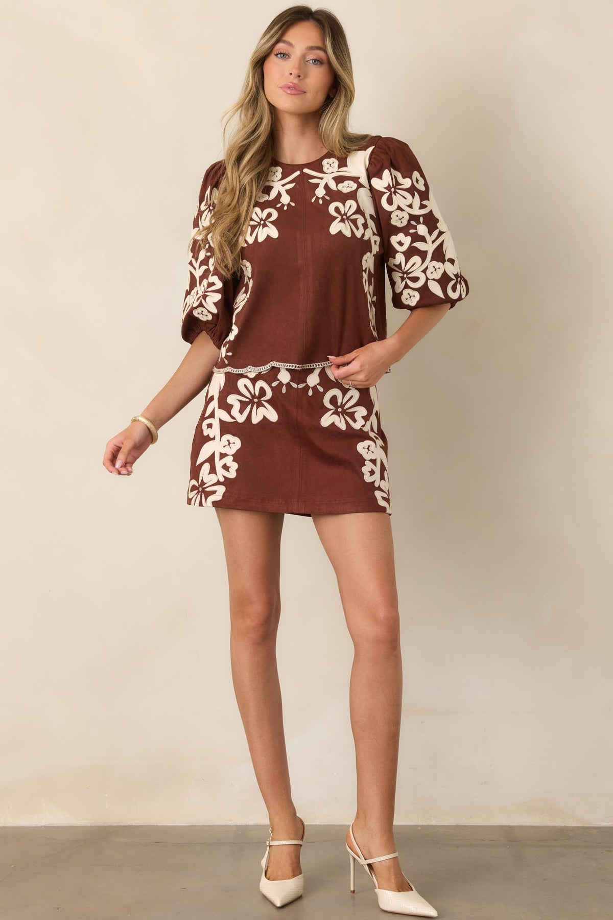 You Know Me So Well Brown & Ivory Floral Appliqué Faux Suede Mini Skirt