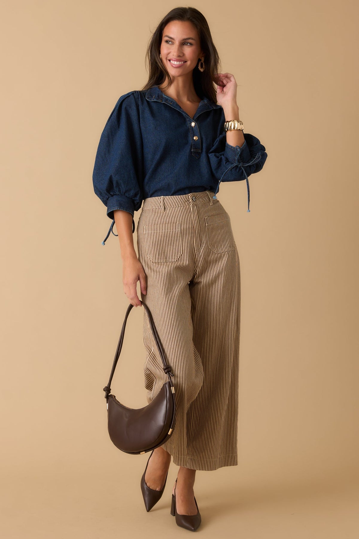 Straight to It Brown & Ivory Striped Wide Leg Pants
