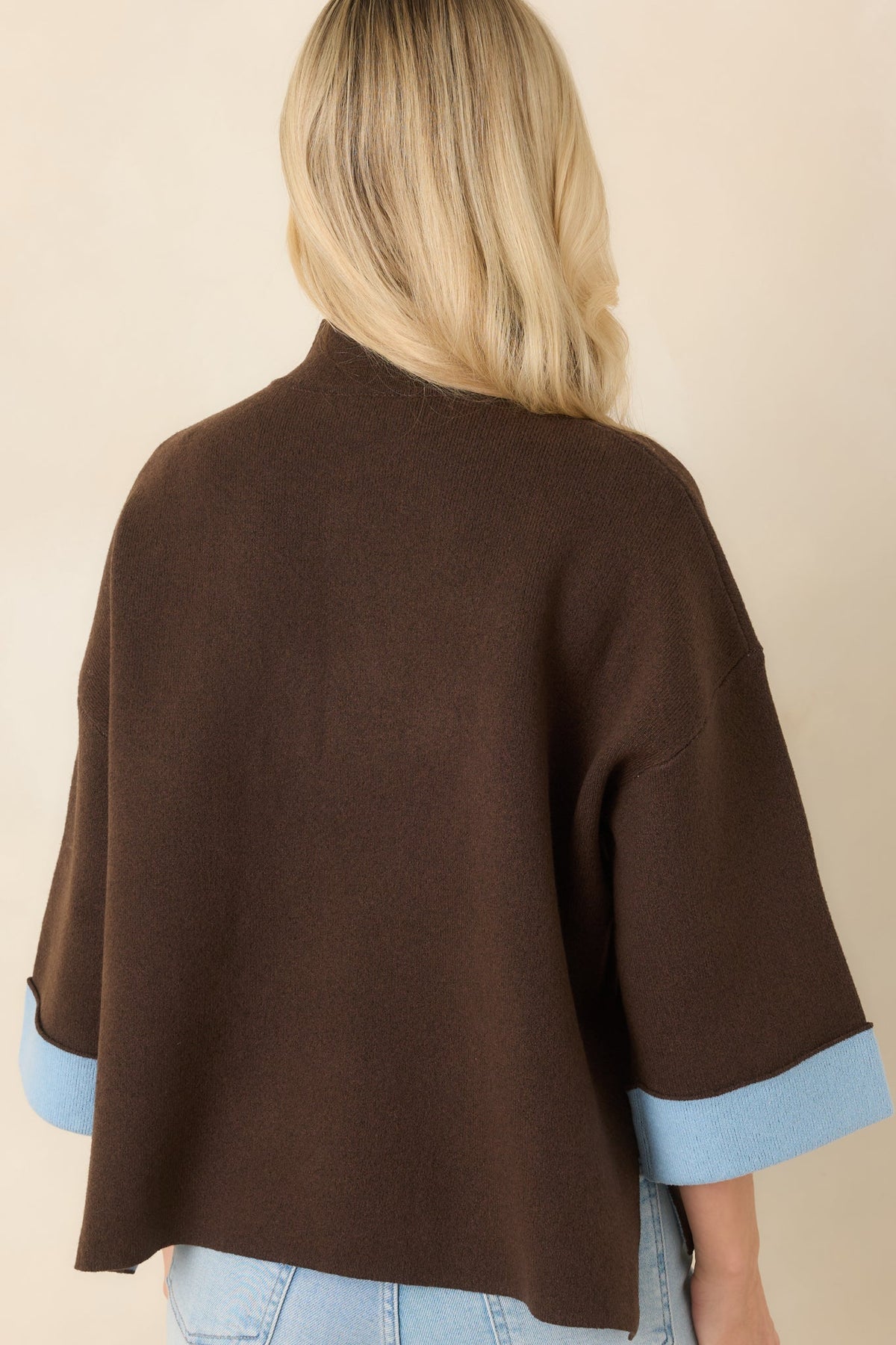 Let’s Unwind Brown & Light Blue Contrast Cuff Mock Neck Sweater