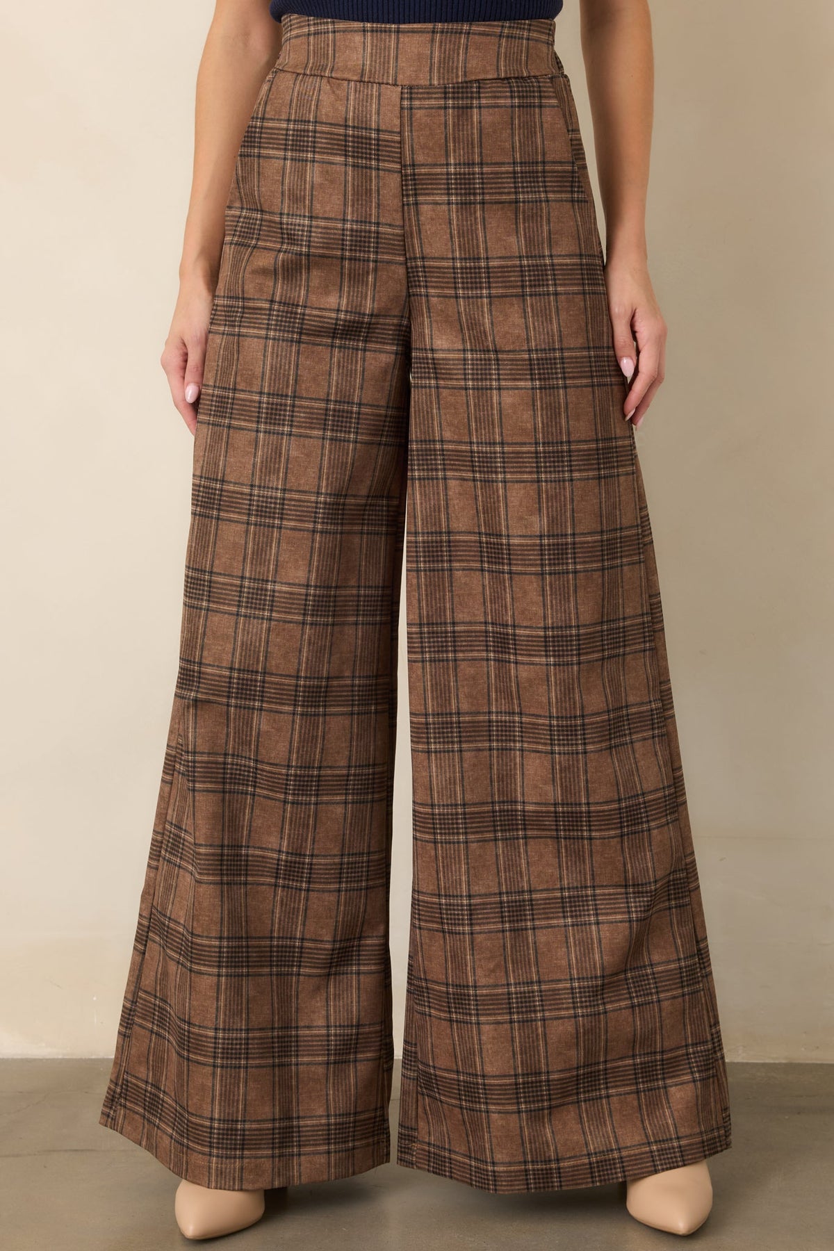 Astrid Mitchel Brown Plaid High Rise Wide Leg Pants