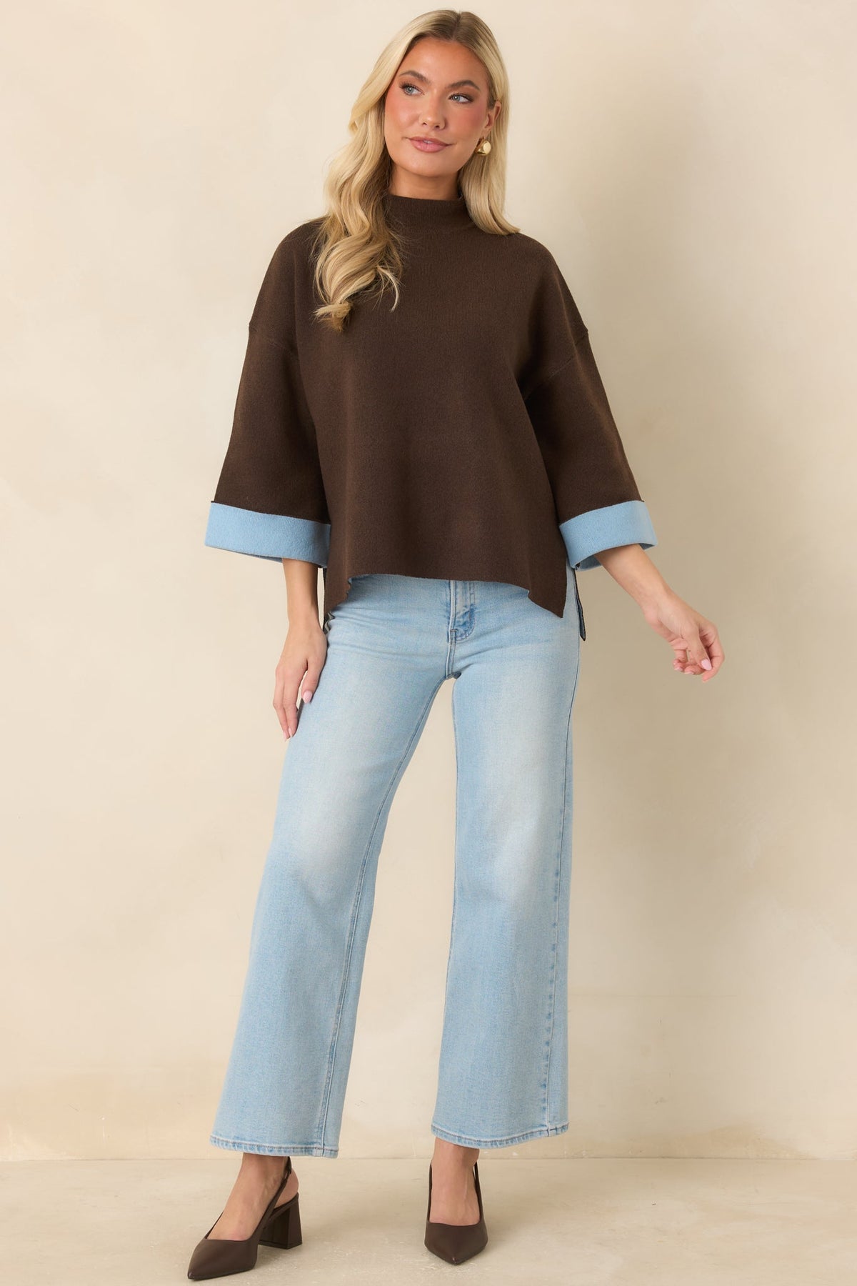 Let’s Unwind Brown & Light Blue Contrast Cuff Mock Neck Sweater