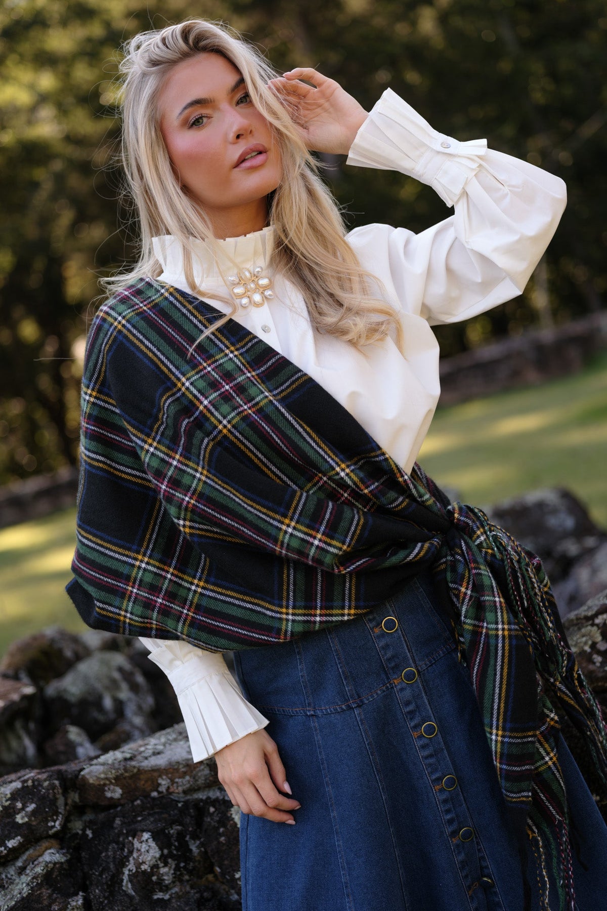 The Company We Keep Black Multi Tartan Plaid Fringe Scarf