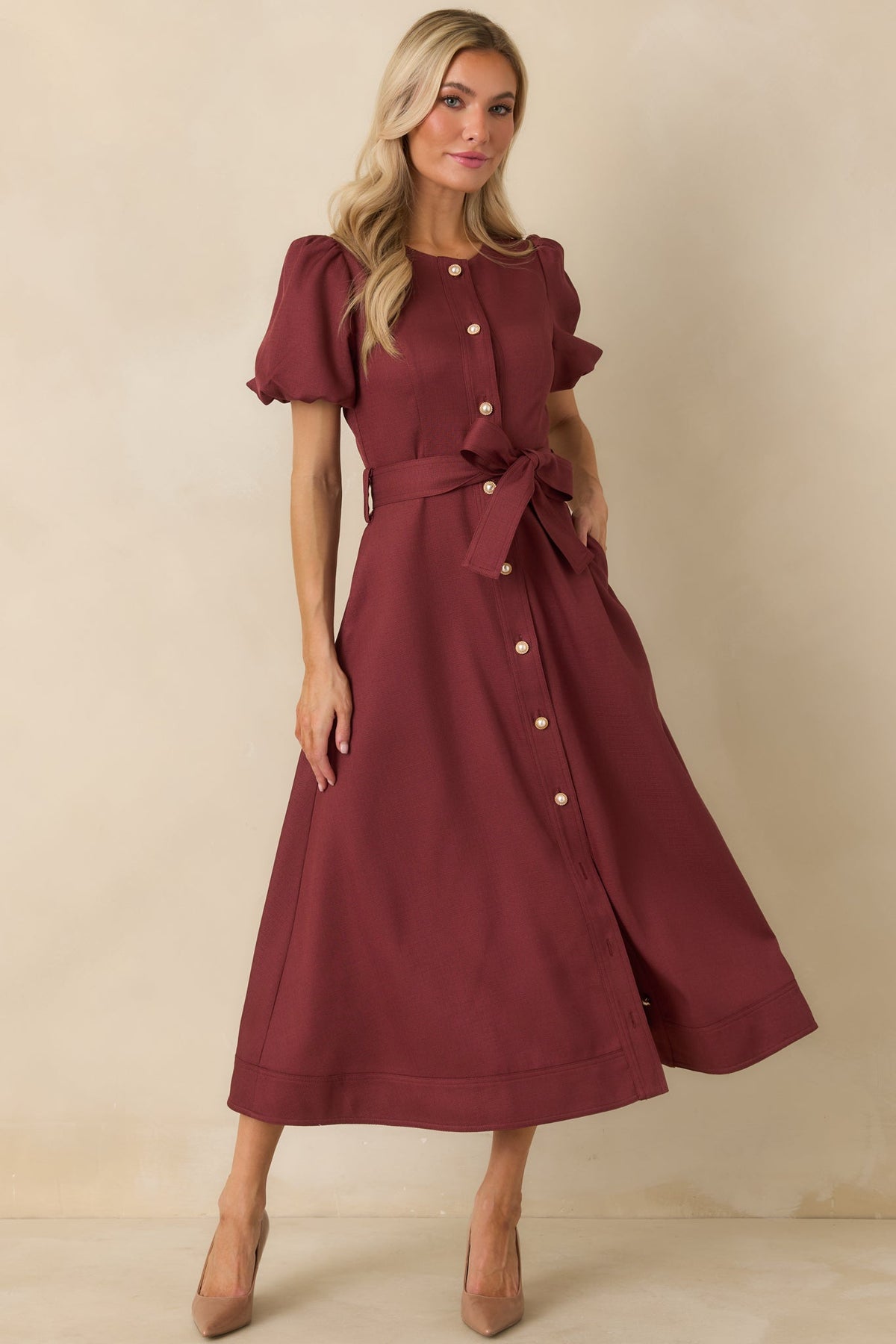 Prosperina Britt Burgundy Puff Sleeve Button Front Midi Dress