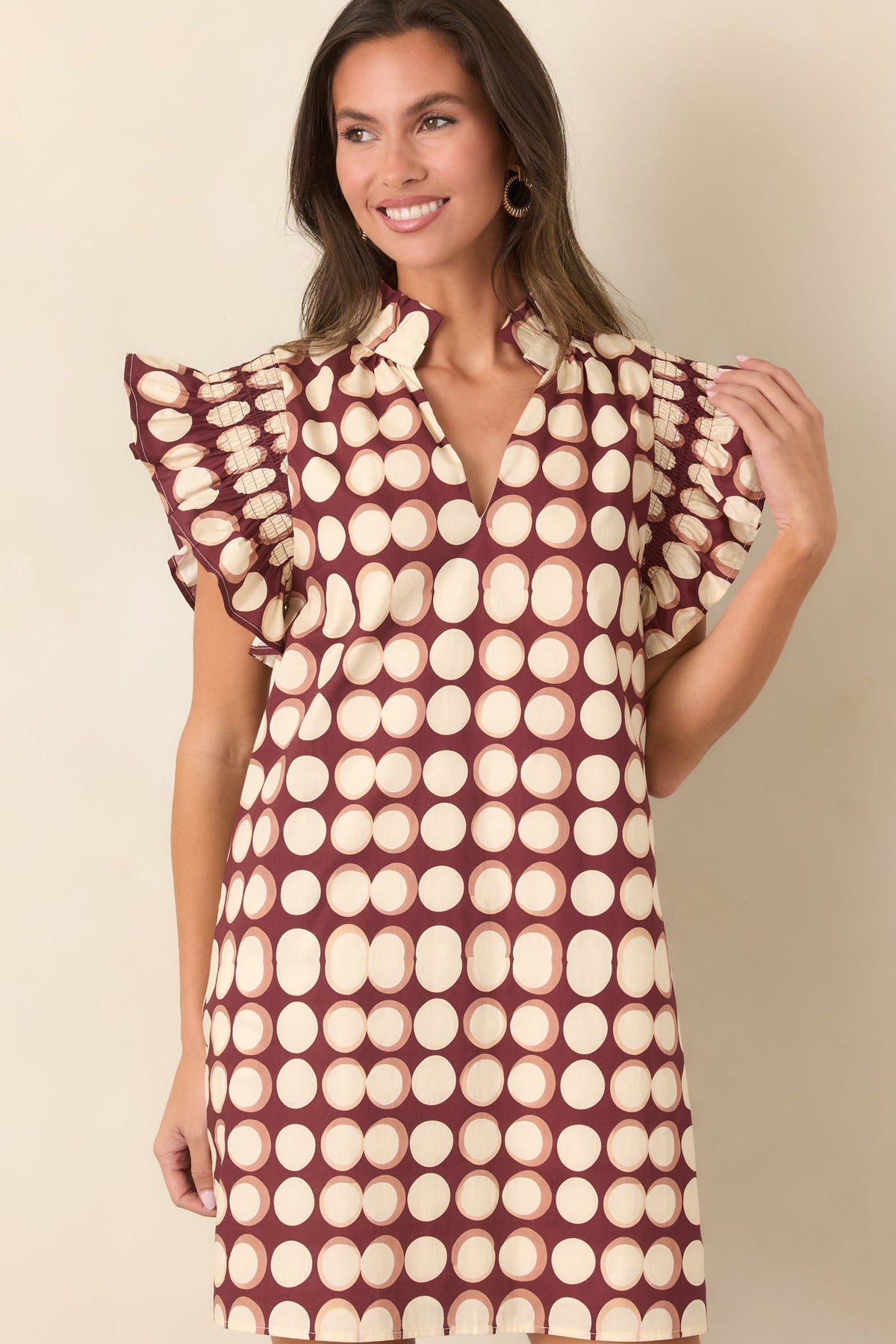 Round About Now Burgundy Abstract Dot Cotton Mini Dress