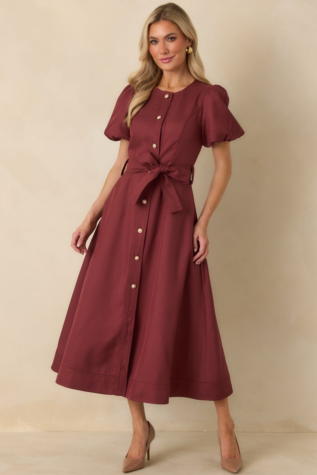 Prosperina Britt Burgundy Puff Sleeve Button Front Midi Dress