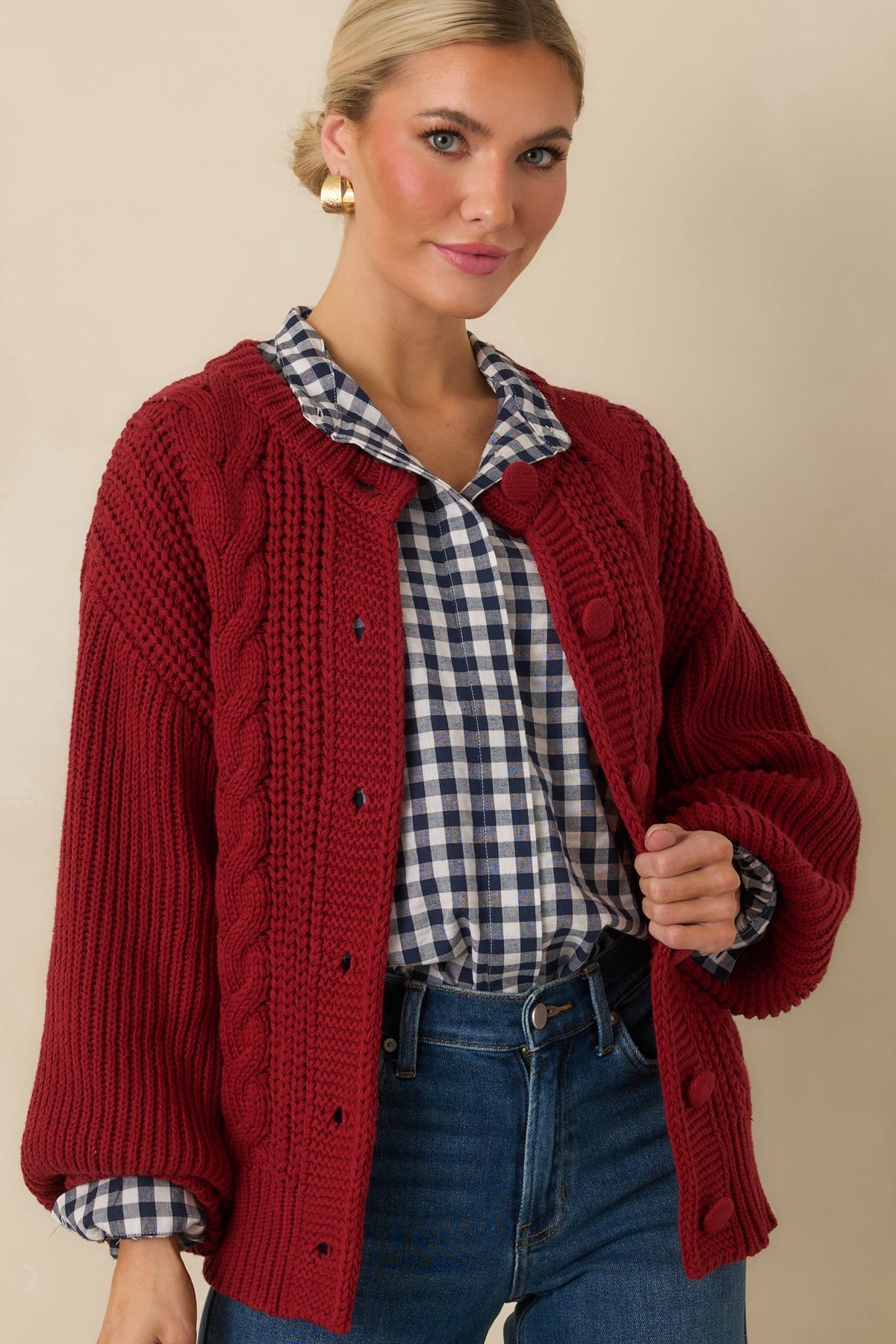 Prosperina Somerset Burgundy Cable Knit Cardigan