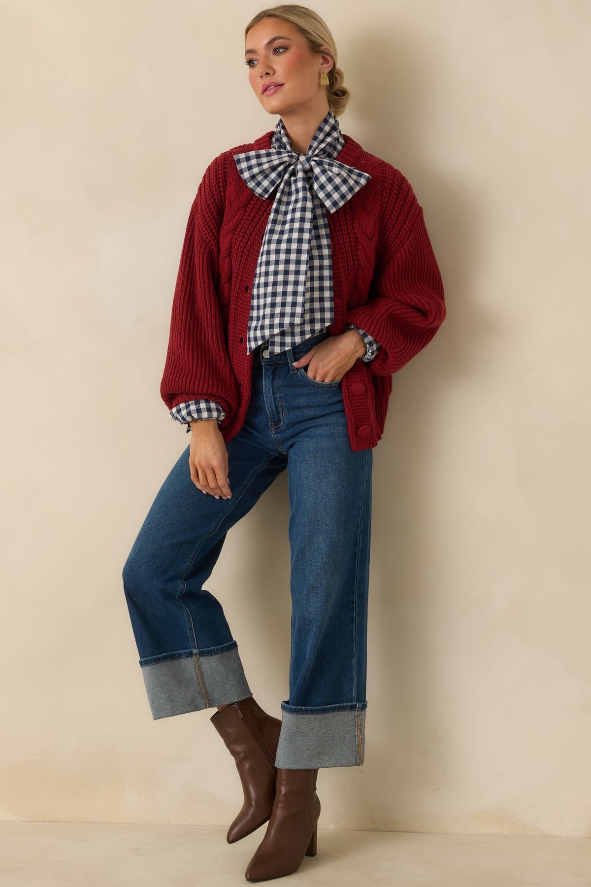 Prosperina Somerset Burgundy Cable Knit Cardigan