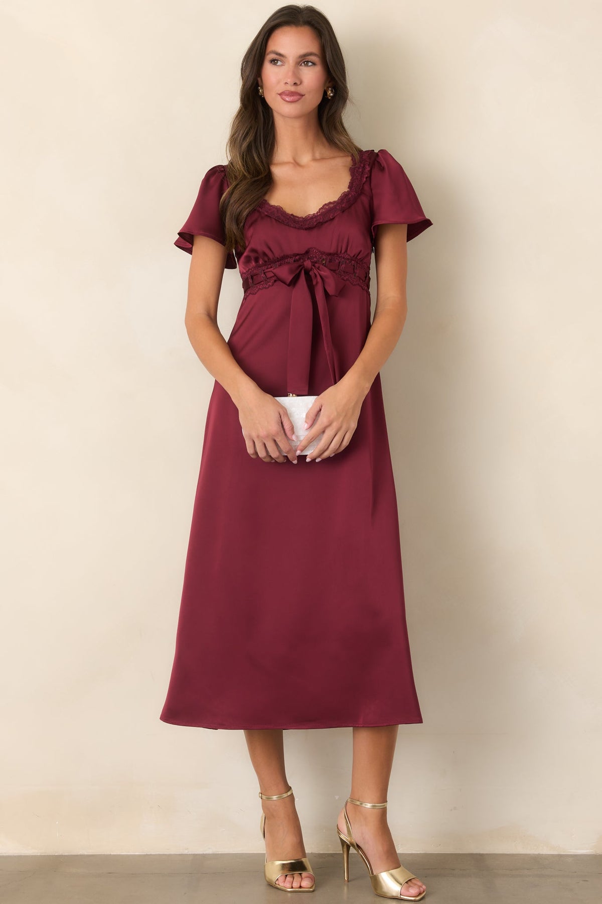 I Was Hoping You’d Ask Burgundy Lace Trim Satin Midi Dress