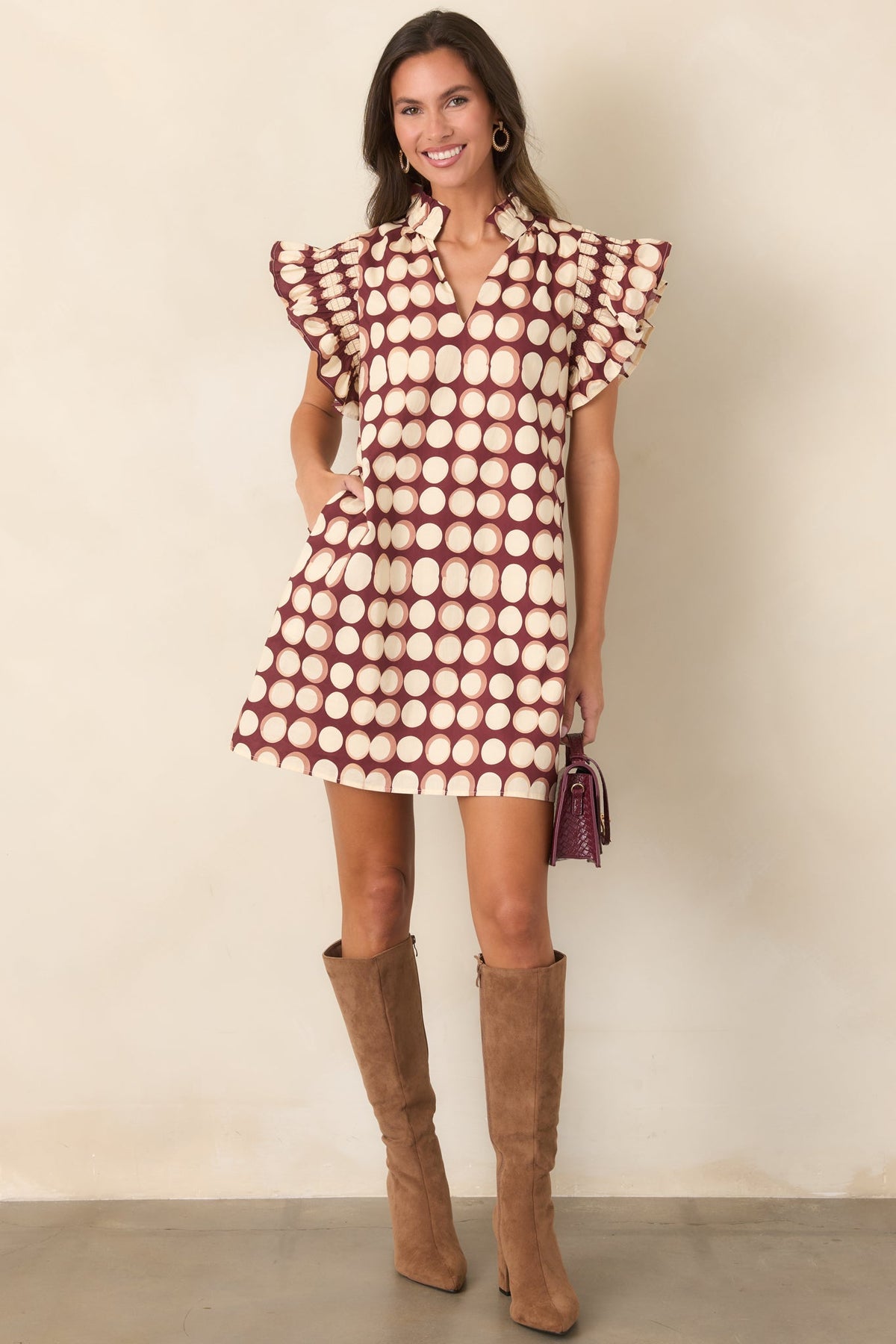 Round About Now Burgundy Abstract Dot Cotton Mini Dress