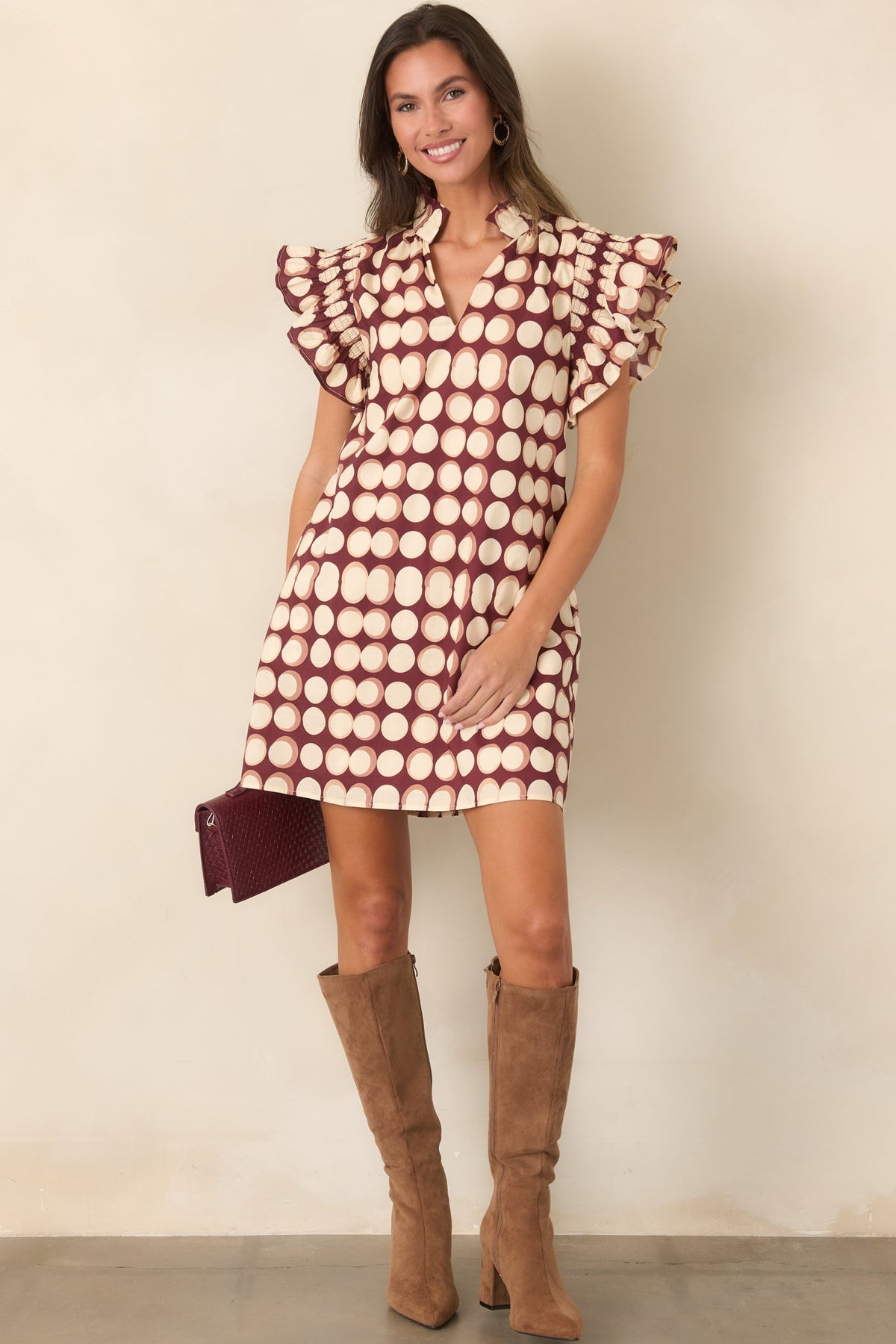 Round About Now Burgundy Abstract Dot Cotton Mini Dress