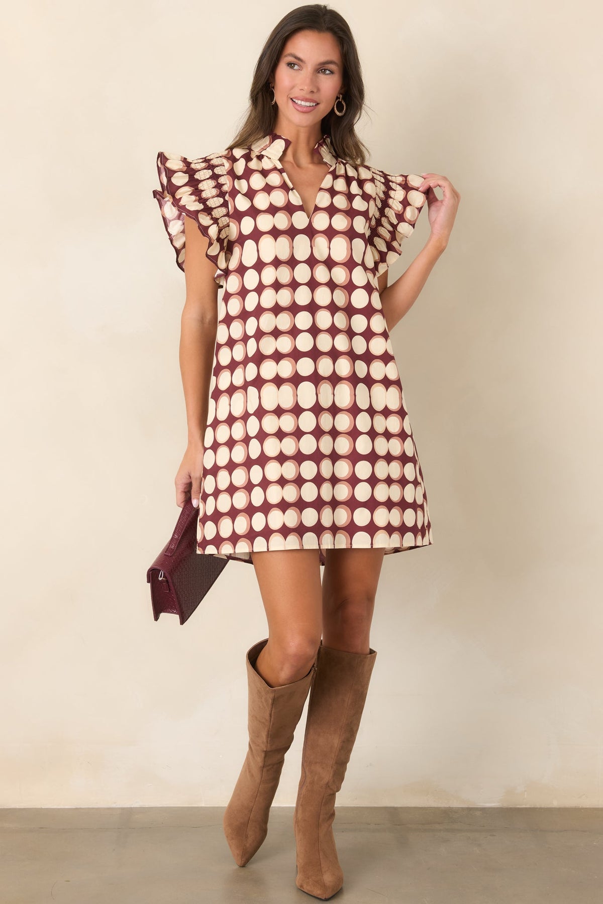 Round About Now Burgundy Abstract Dot Cotton Mini Dress