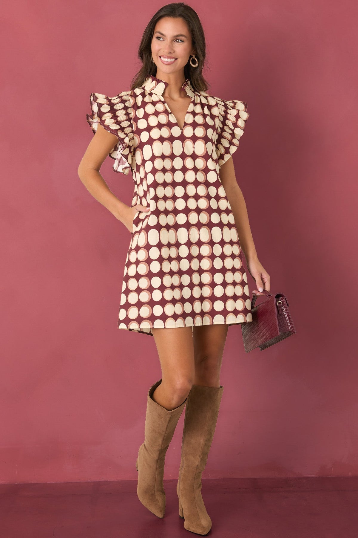 Round About Now Burgundy Abstract Dot Cotton Mini Dress