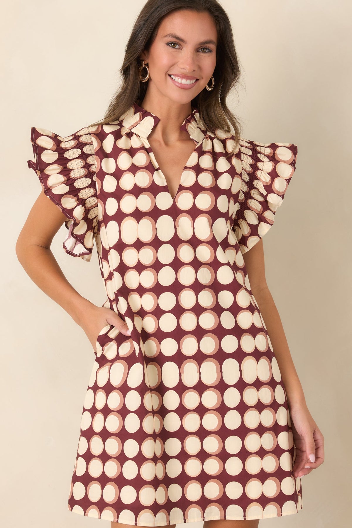 Round About Now Burgundy Abstract Dot Cotton Mini Dress