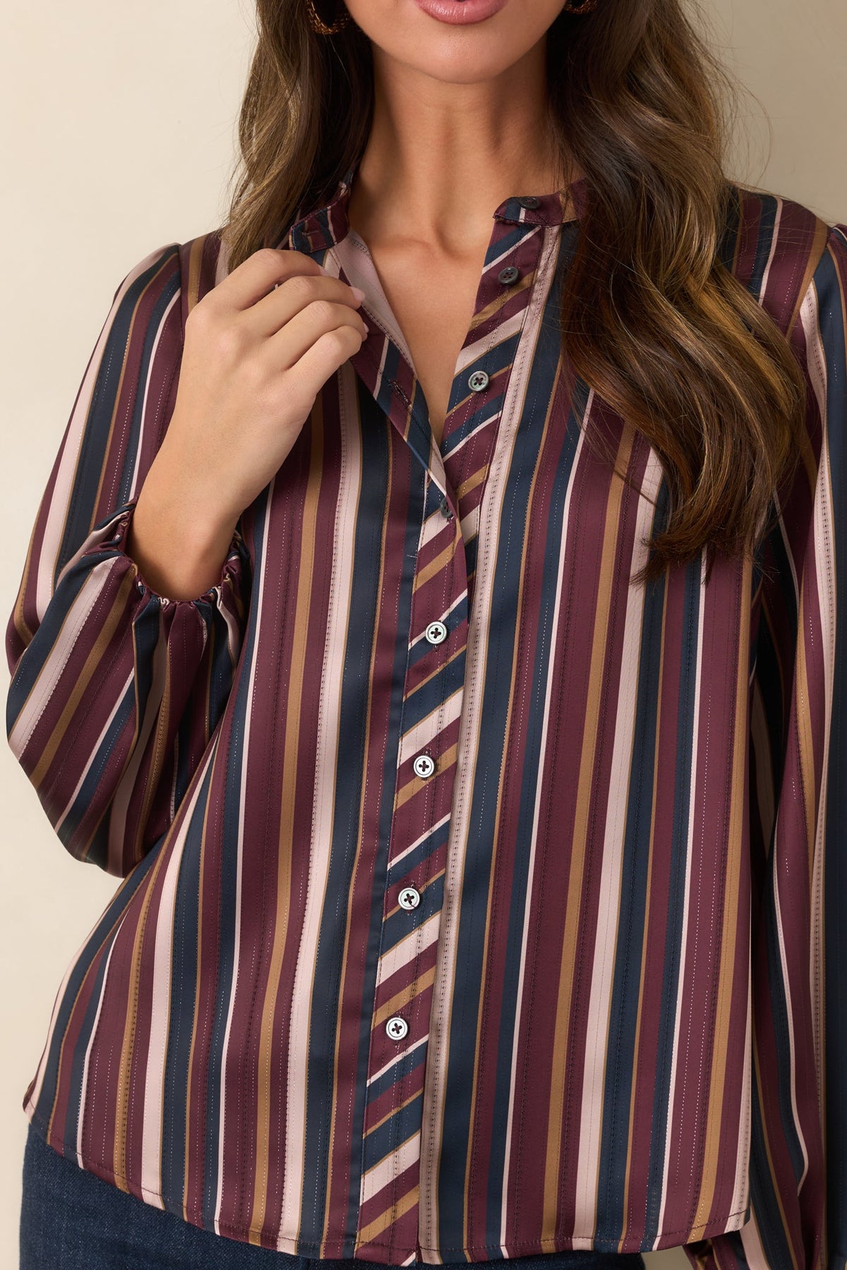 We’re on the Same Page Burgundy Purple Multi Stripe Satin Button Front Blouse