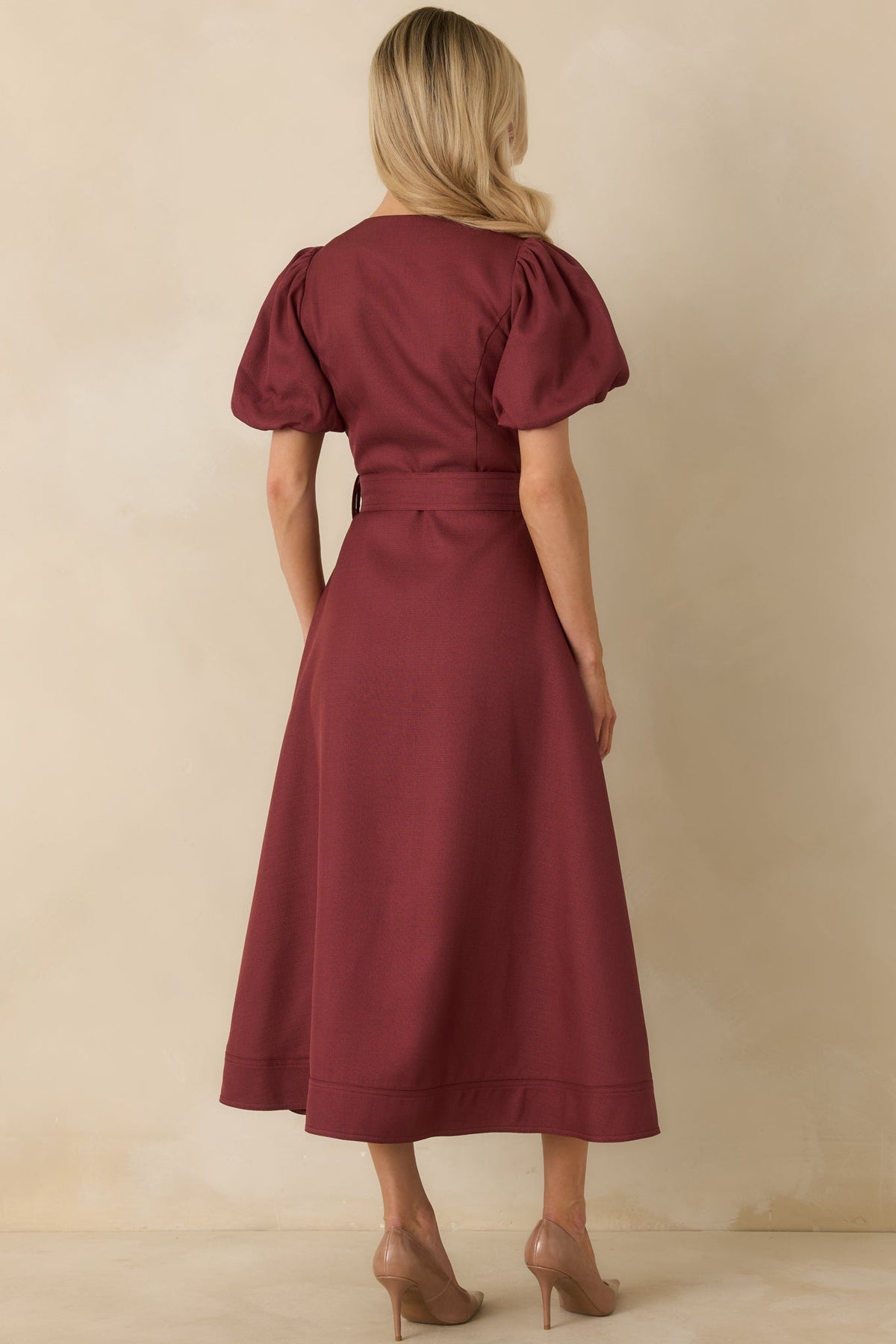 Prosperina Britt Burgundy Puff Sleeve Button Front Midi Dress