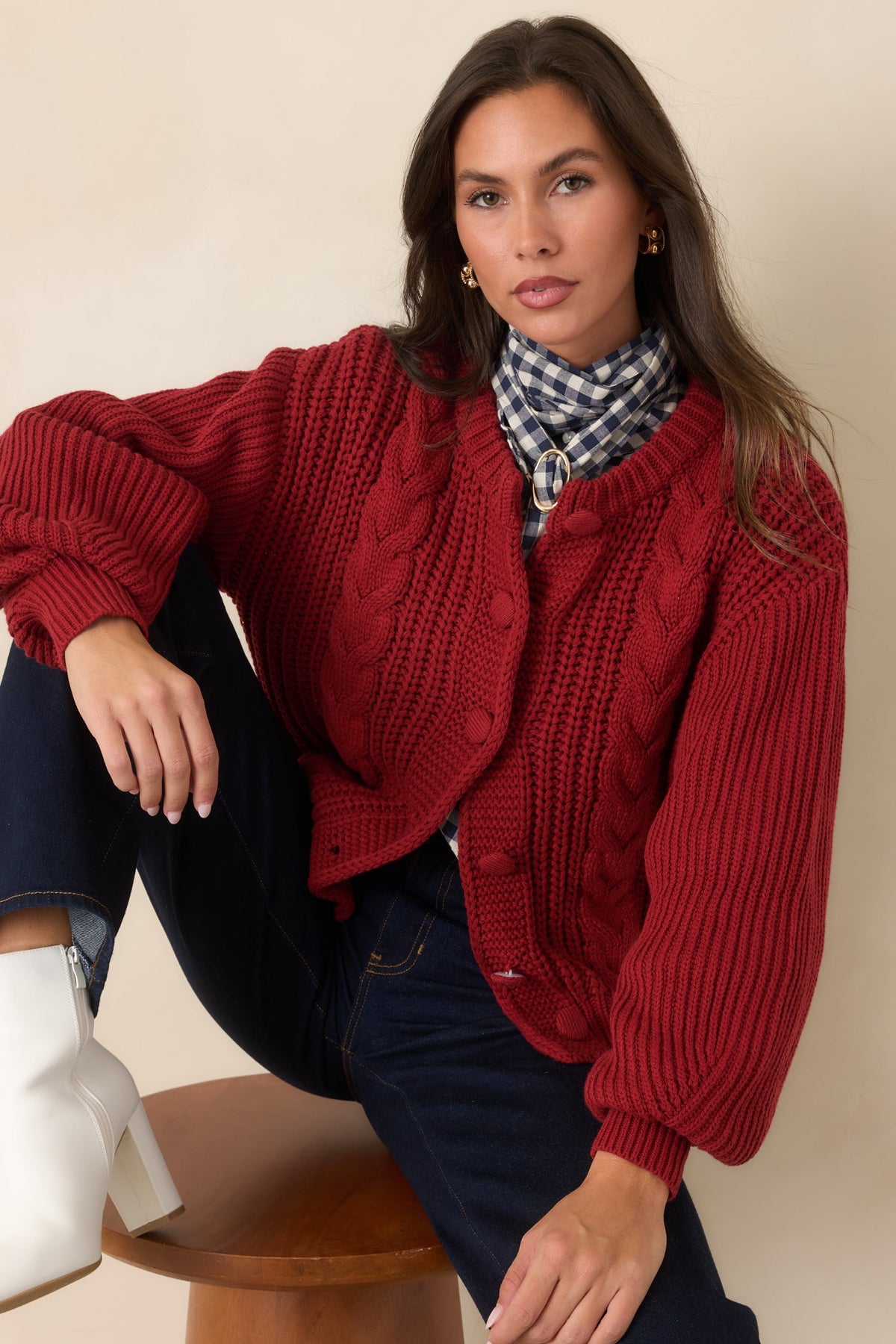 Prosperina Somerset Burgundy Cable Knit Cardigan