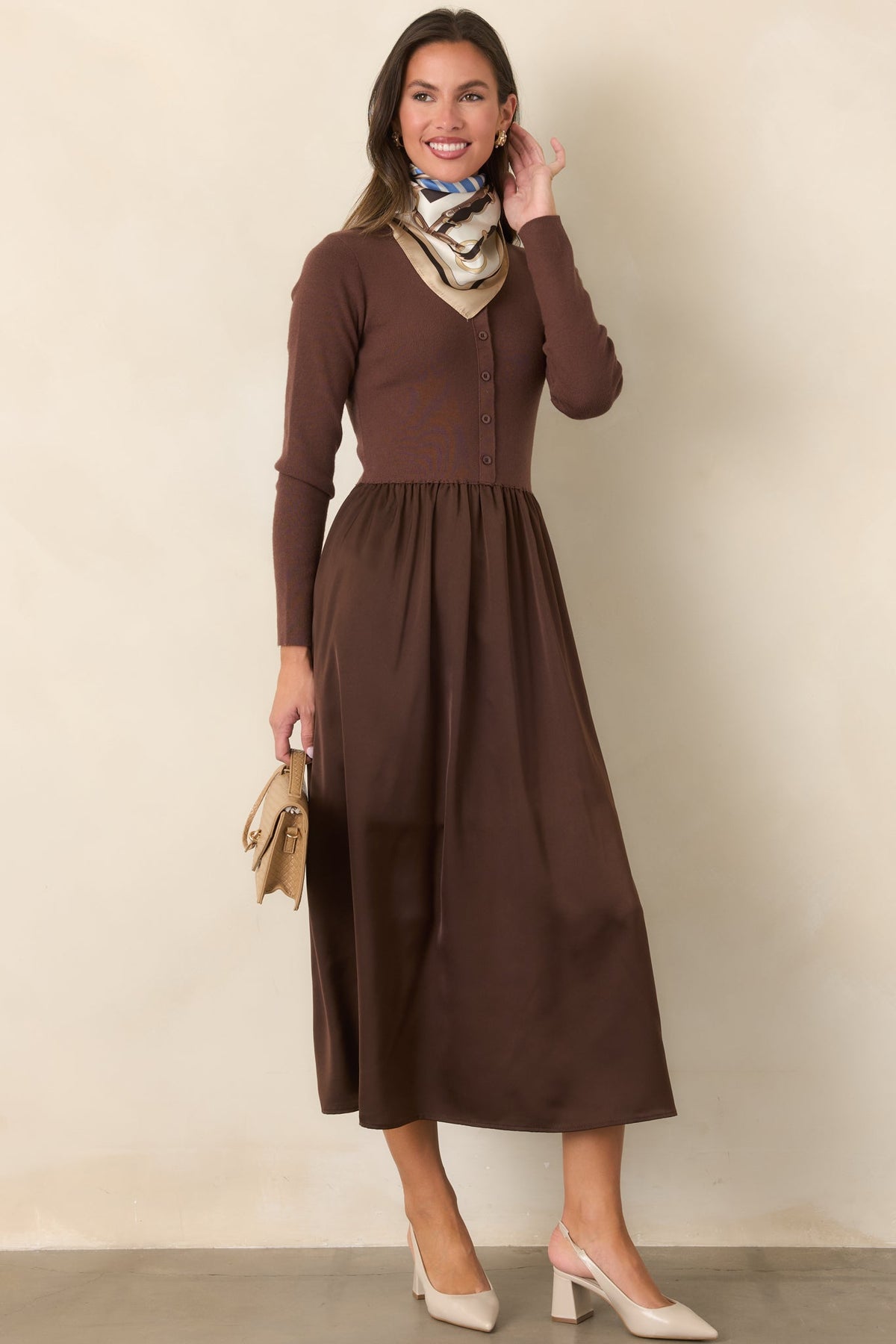 All Nicely Arranged Dark Brown Knit Bodice Satin Midi Dress