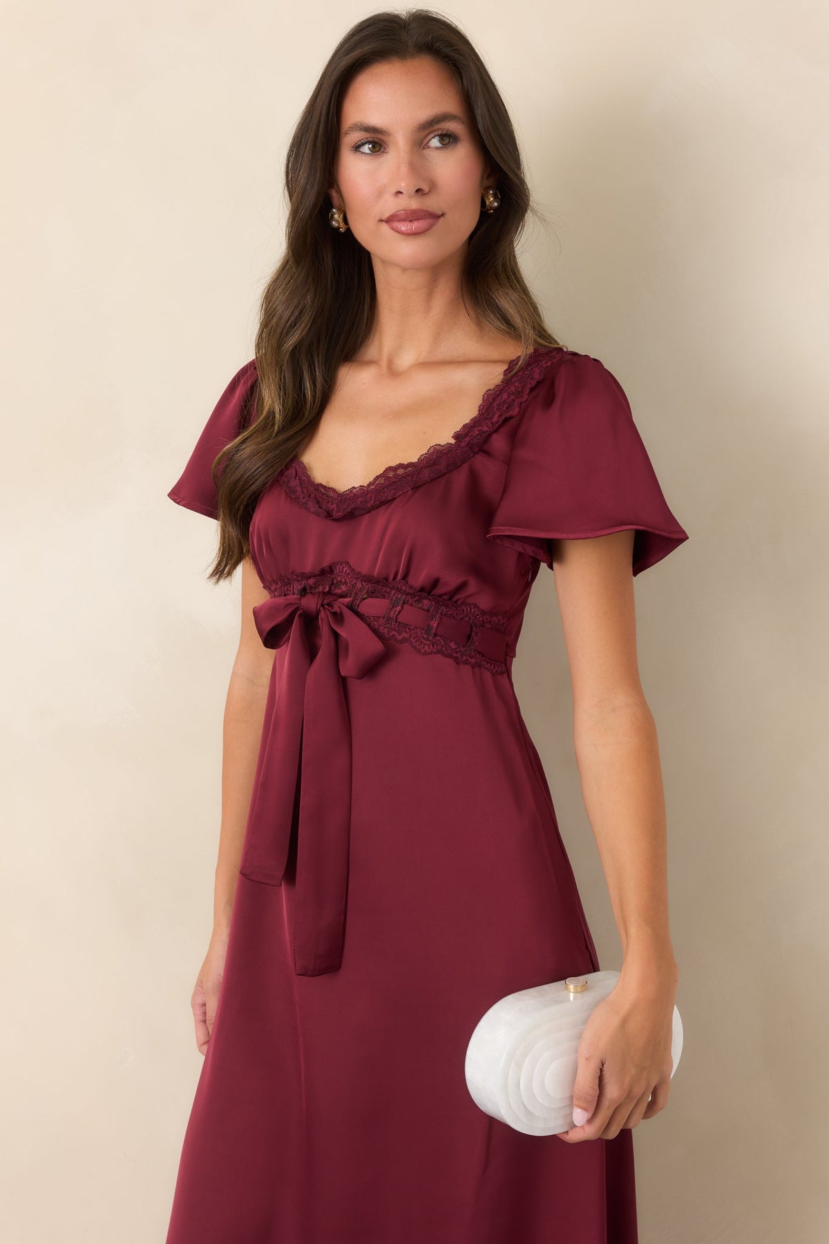 I Was Hoping You’d Ask Burgundy Lace Trim Satin Midi Dress