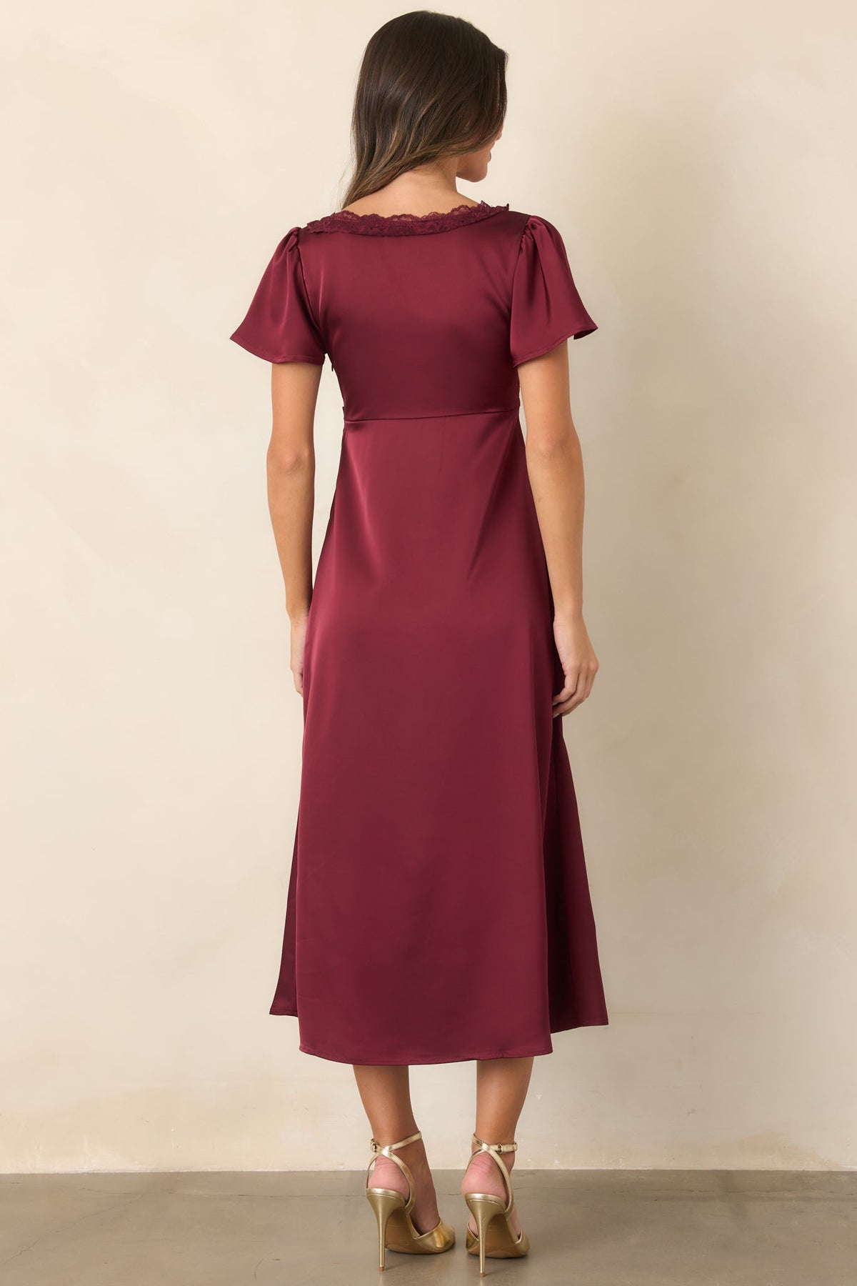 I Was Hoping You’d Ask Burgundy Lace Trim Satin Midi Dress