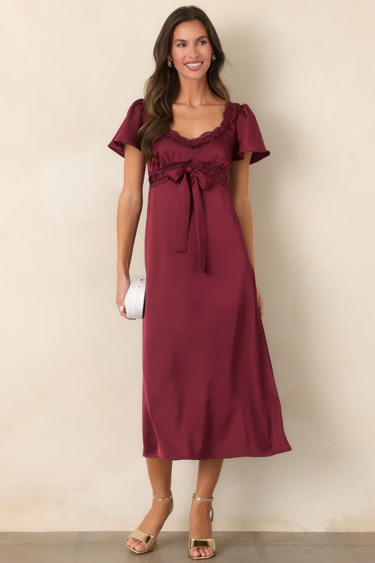 I Was Hoping You’d Ask Burgundy Lace Trim Satin Midi Dress