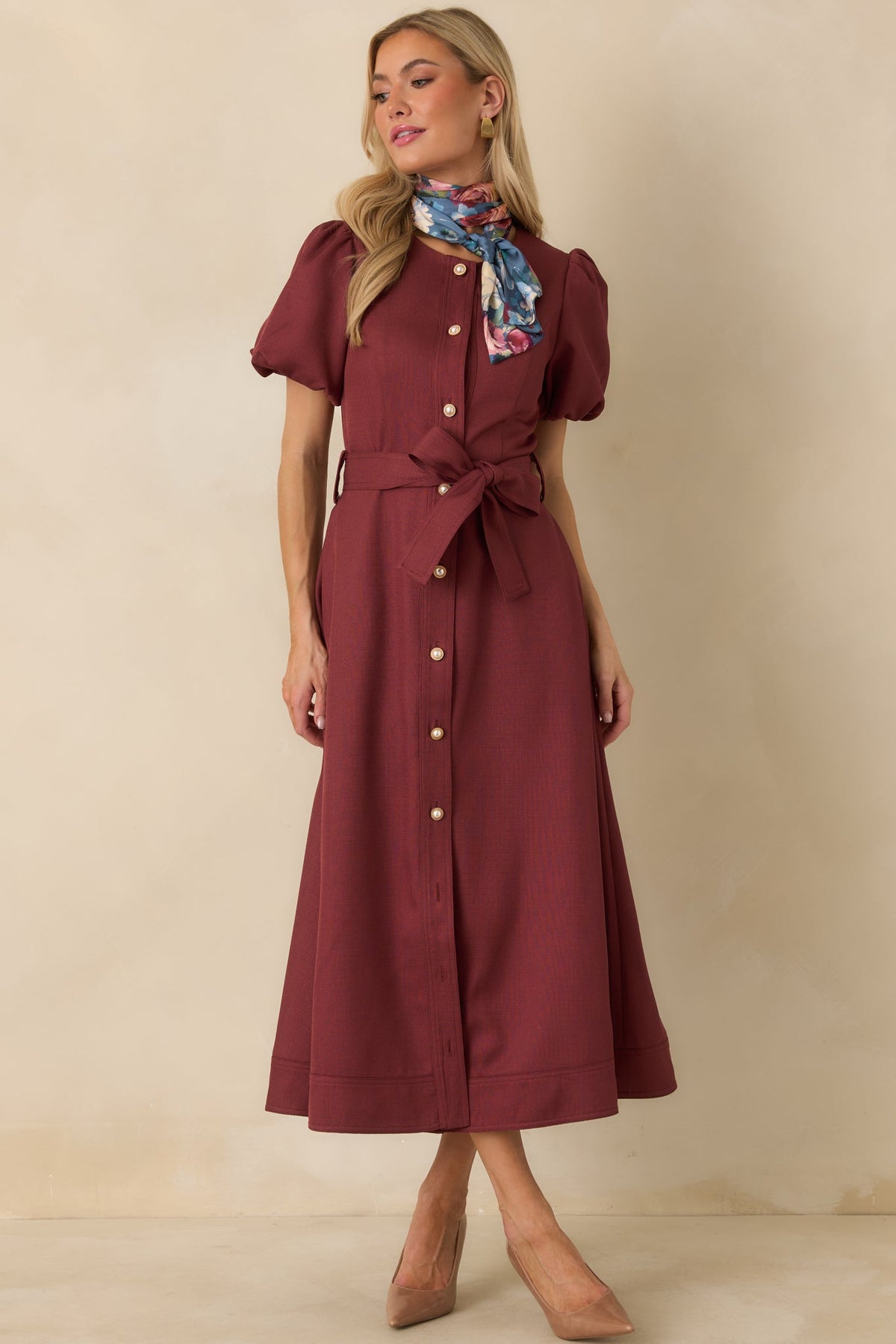 Prosperina Britt Burgundy Puff Sleeve Button Front Midi Dress