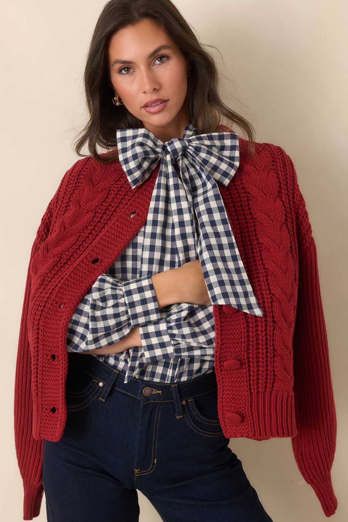 Prosperina Somerset Burgundy Cable Knit Cardigan