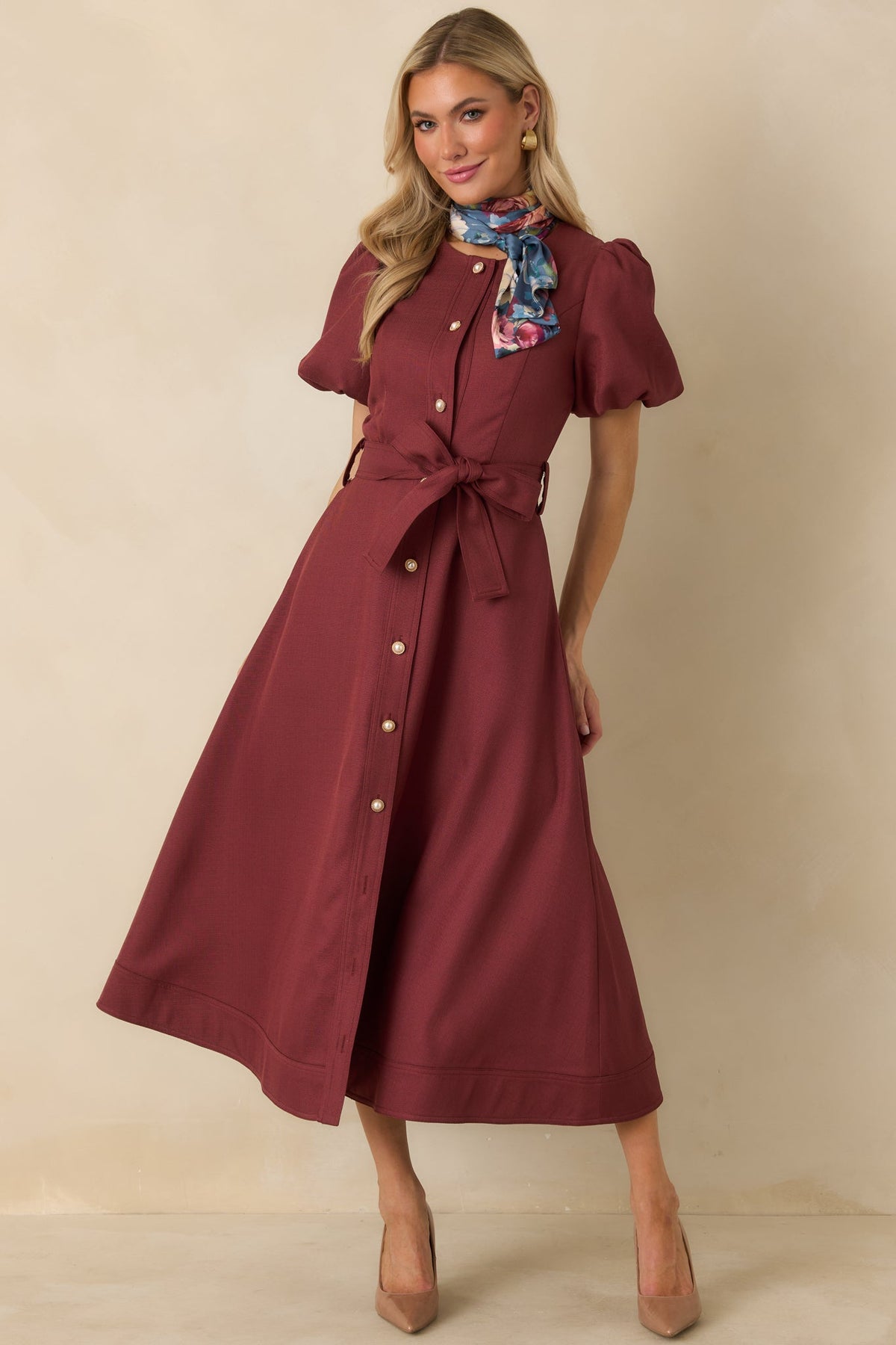 Prosperina Britt Burgundy Puff Sleeve Button Front Midi Dress