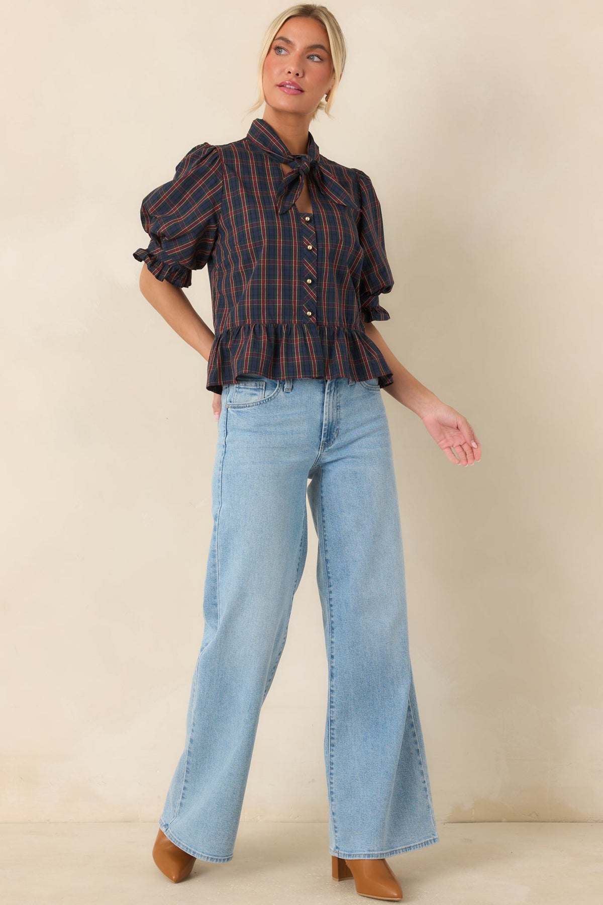 Tied to Tradition Navy & Green Plaid Cotton Peplum Blouse