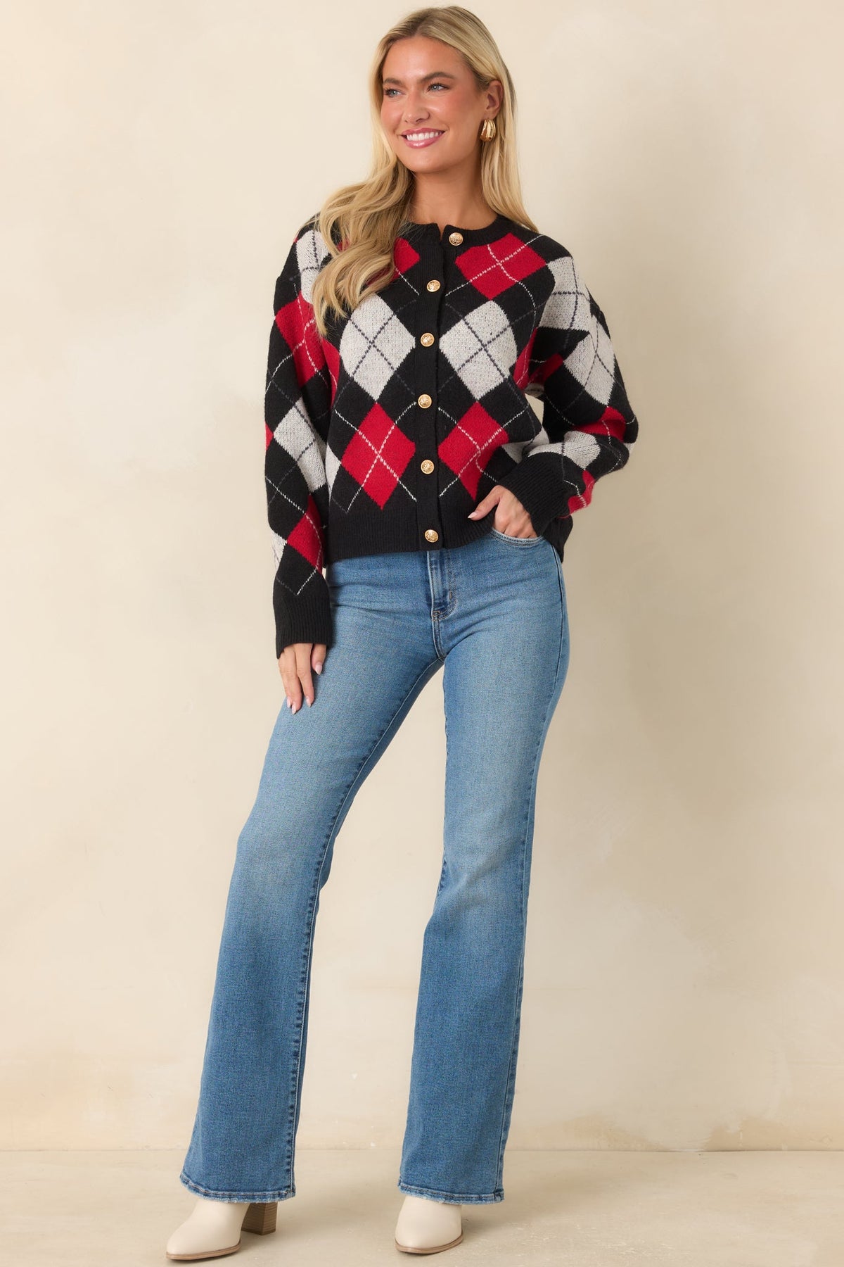 The Winning Combination Black & Red Knit Argyle Cardigan