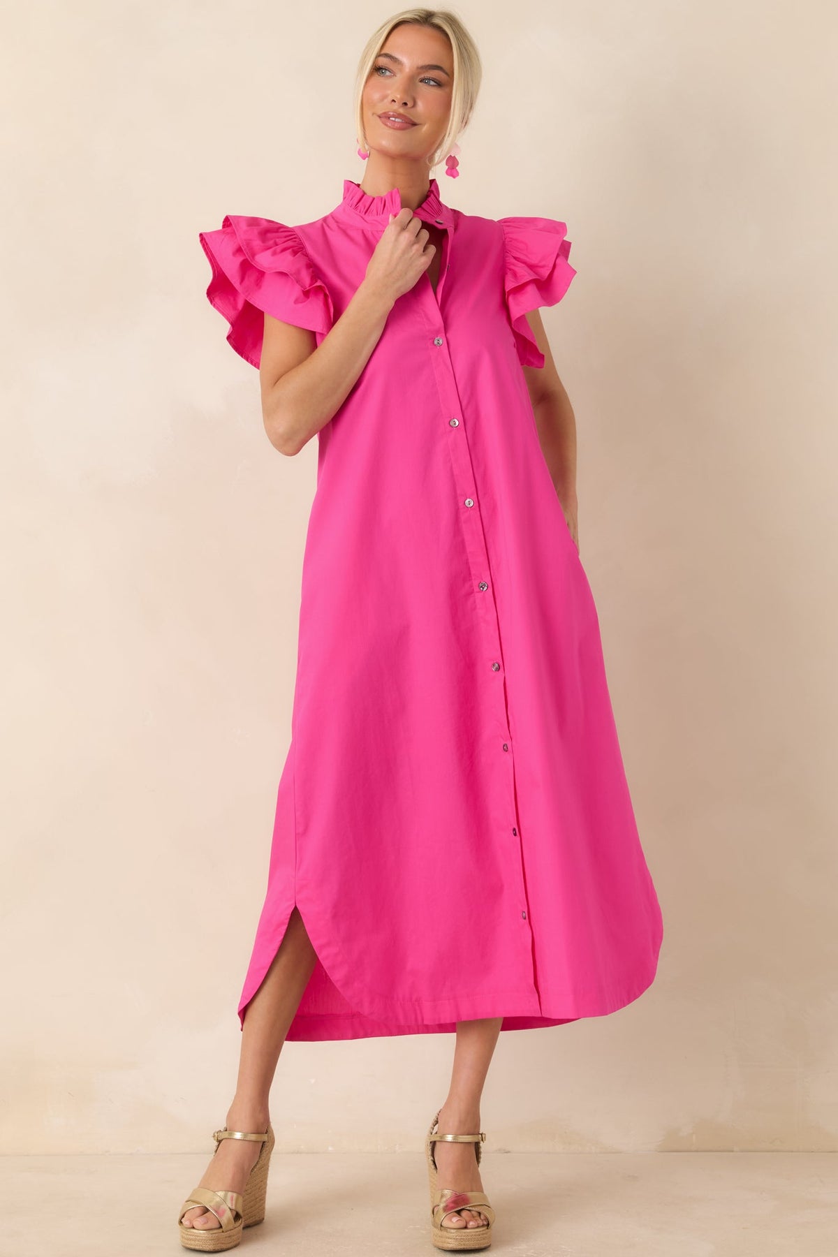 Exactly As Planned Fuchsia Cotton Ruffle Button-Front Midi Dress