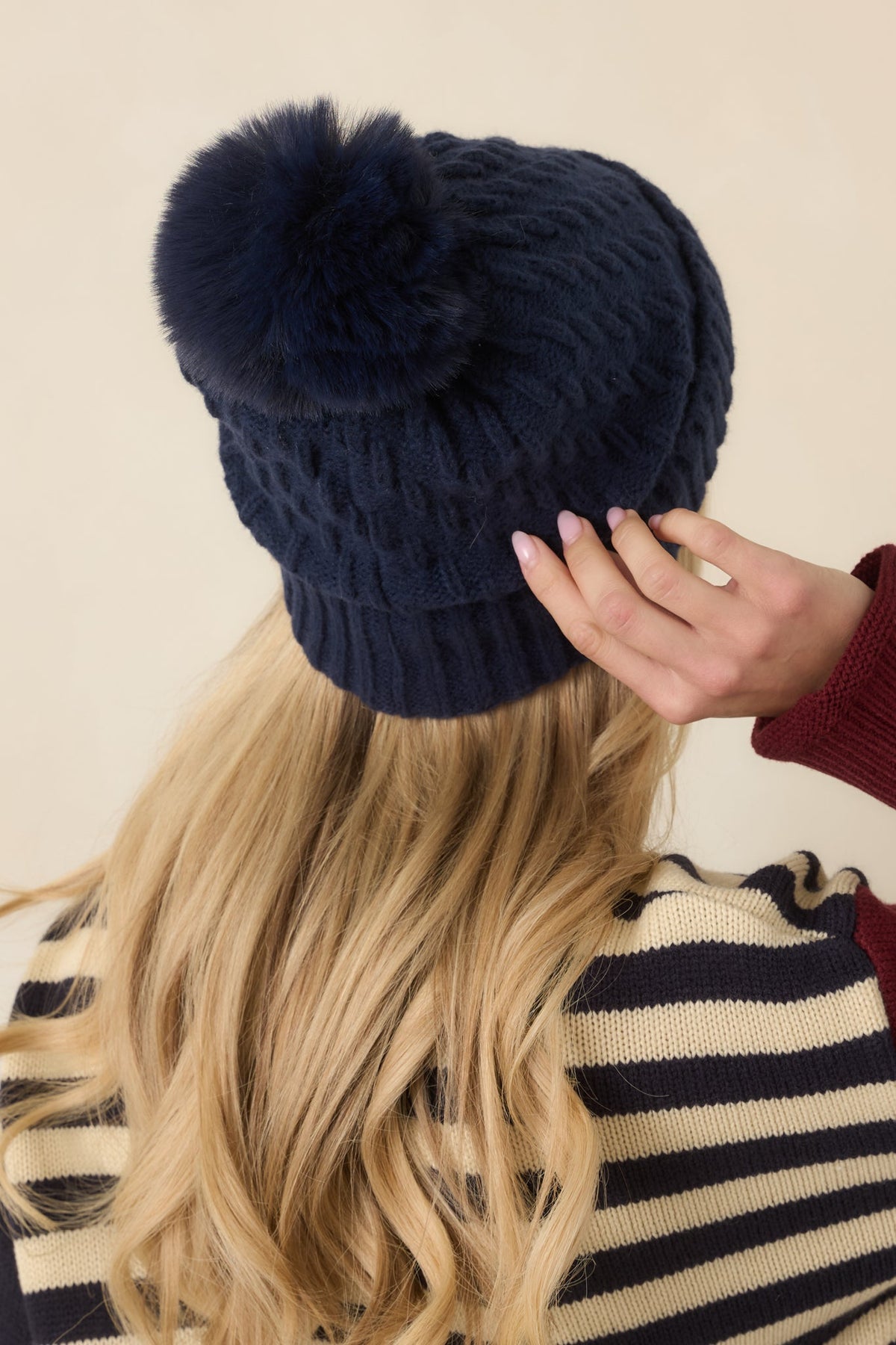 Stay Cozy, Cutie Navy Cable Knit Pom Beanie