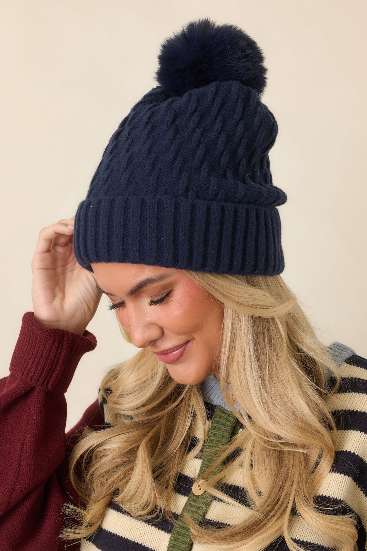 Stay Cozy, Cutie Navy Cable Knit Pom Beanie