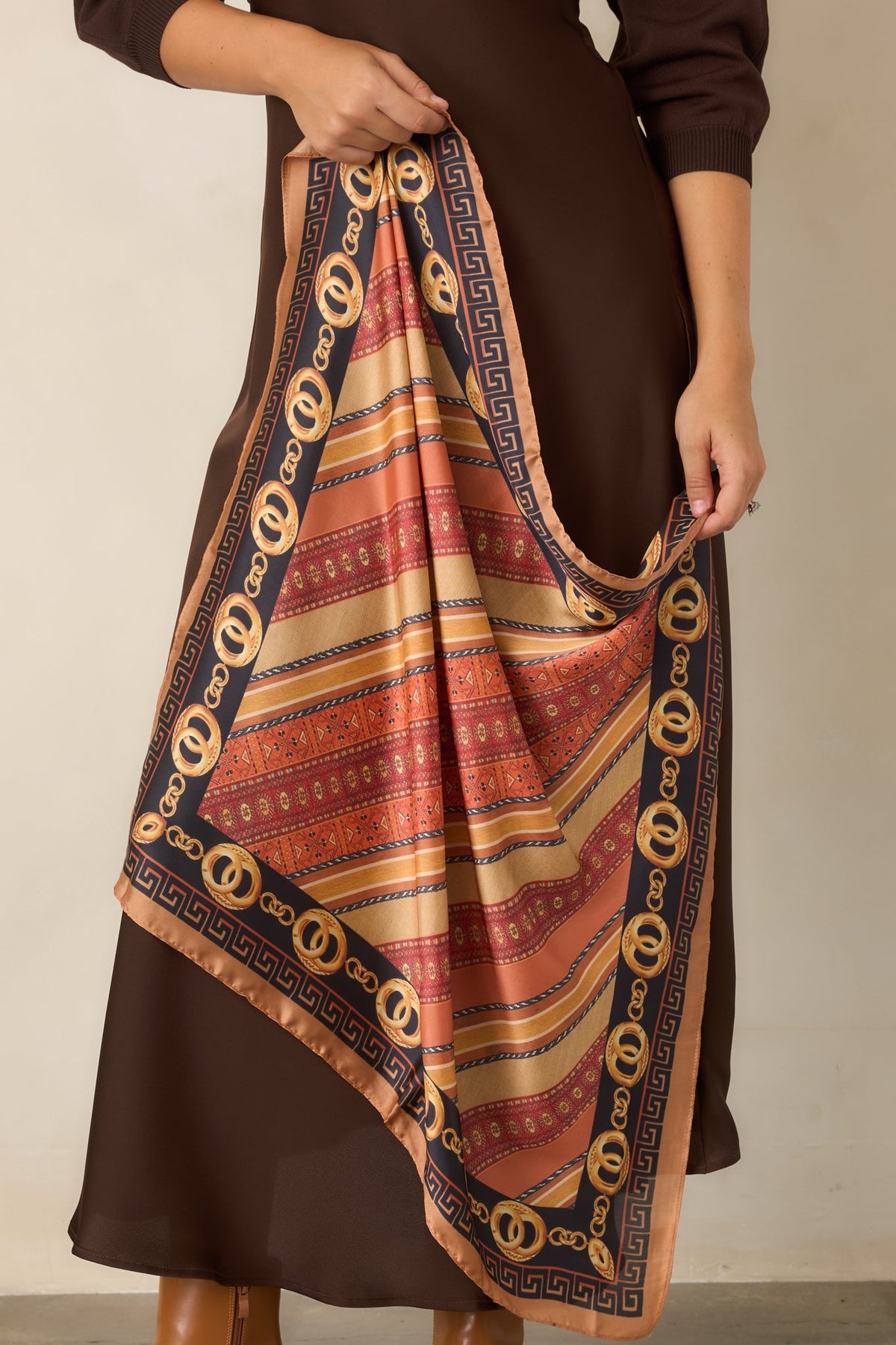 Worldly Ways Camel & Black Chain Print Square Scarf