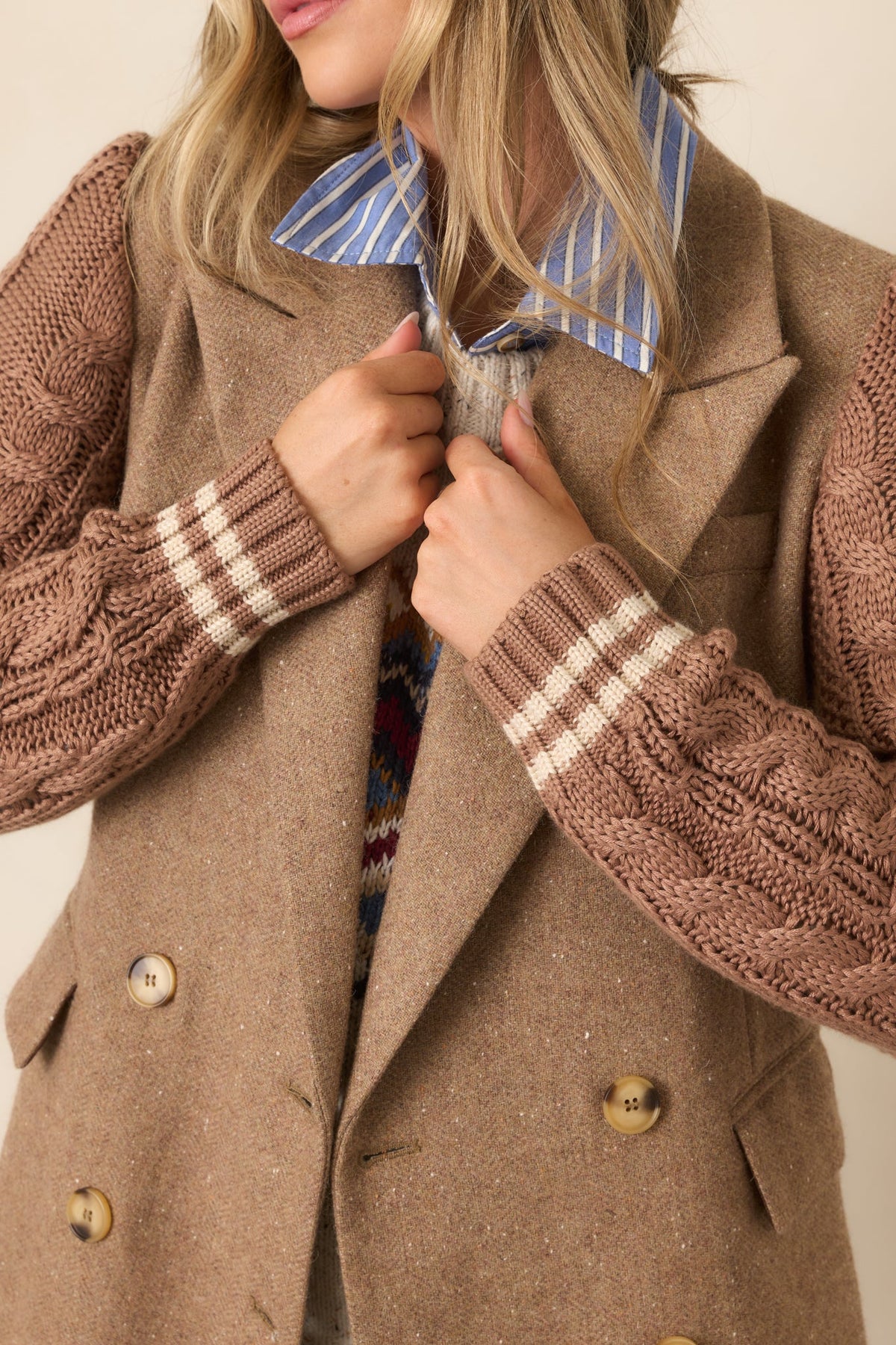 Well Suited Camel Wool Blend Knit Sweater Sleeve Blazer