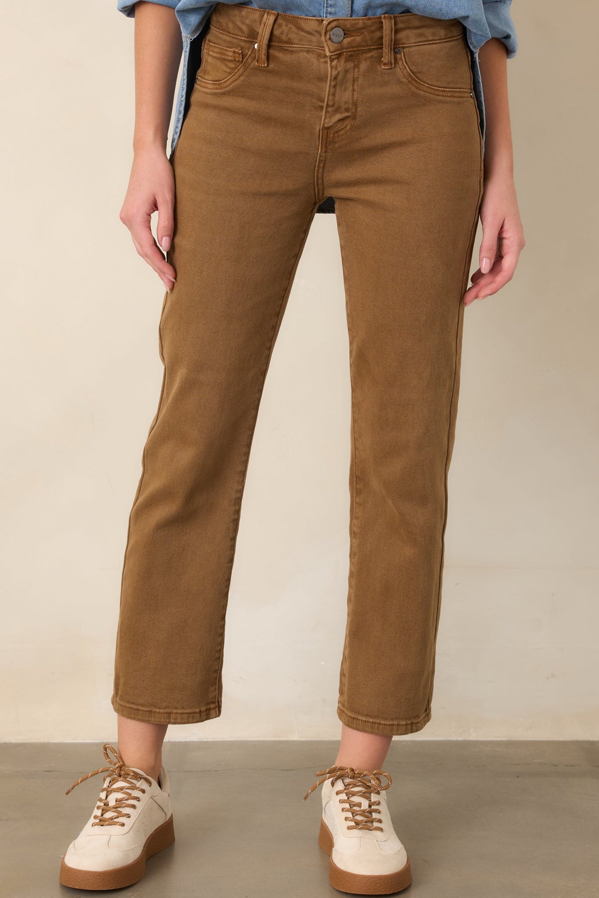 All My Life Camel Brown Cotton Mid Rise Straight Crop Jeans