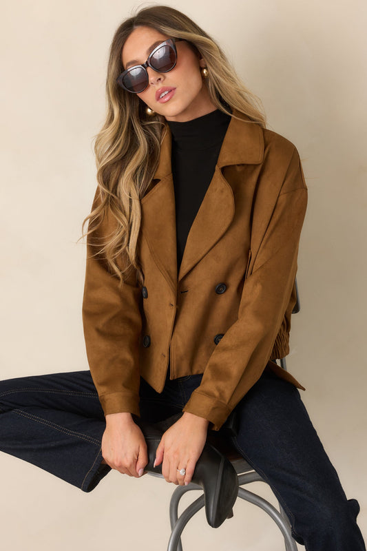 Soft Focus Camel Brown Faux Suede Cropped Trench Coat