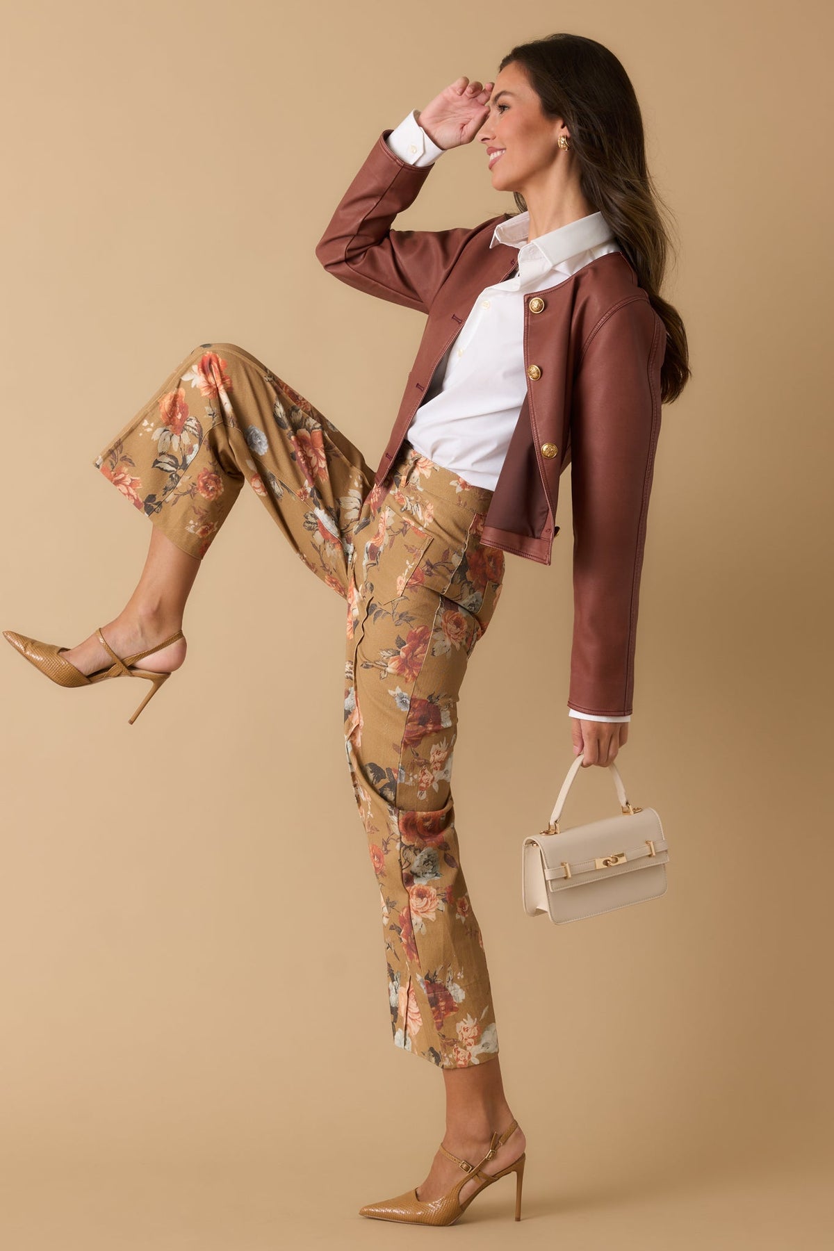 Gathering Roses Camel Floral Wide Leg Pants