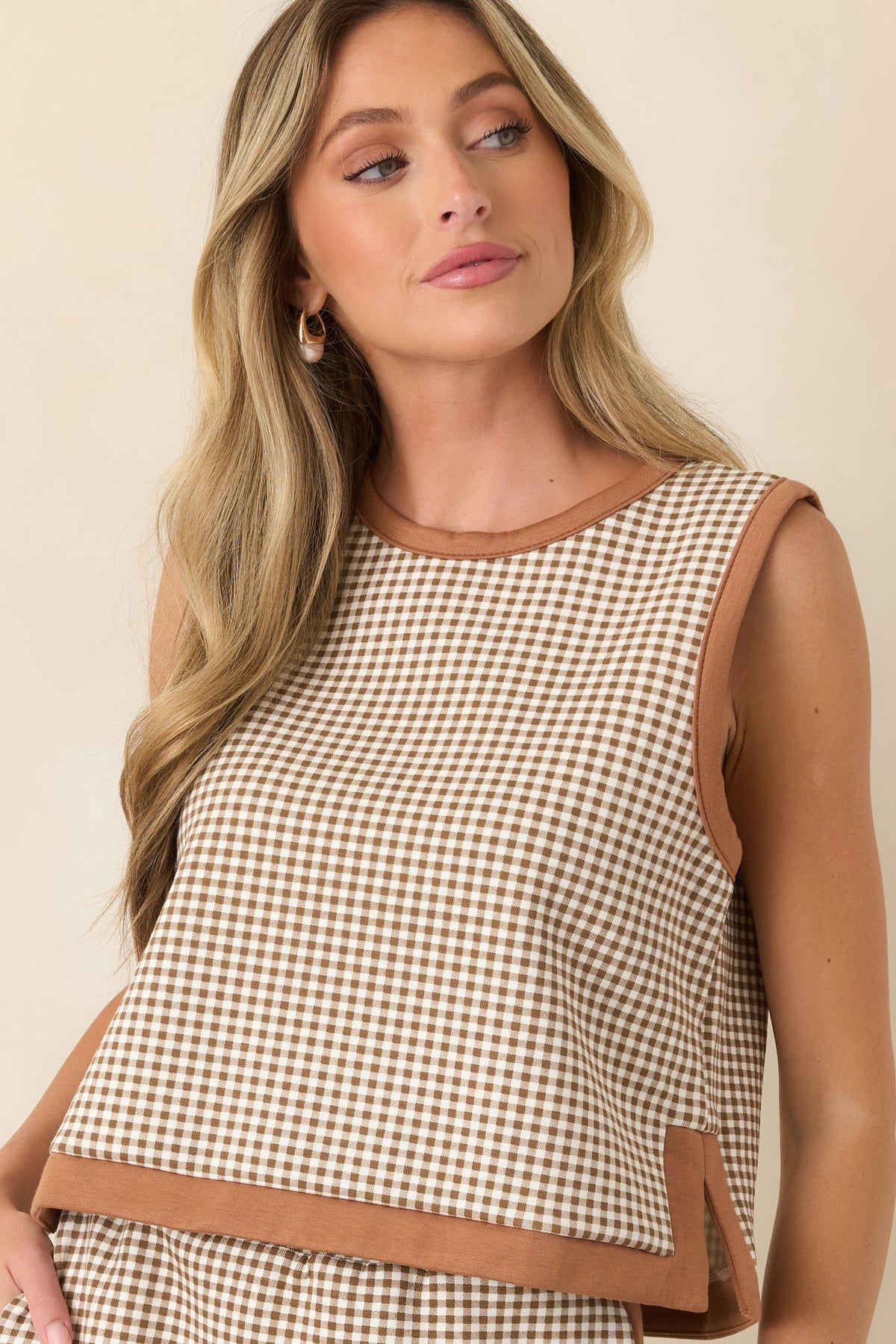Check the Agenda Camel Gingham Contrast Trim Sleeveless Top