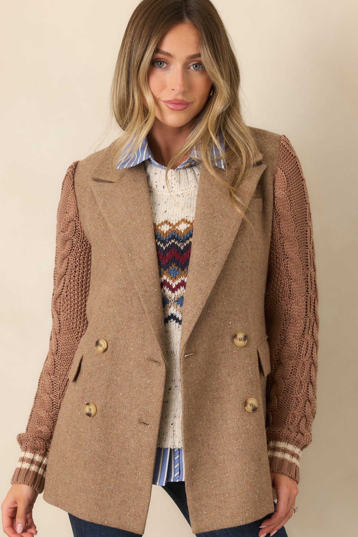 Well Suited Camel Wool Blend Knit Sweater Sleeve Blazer