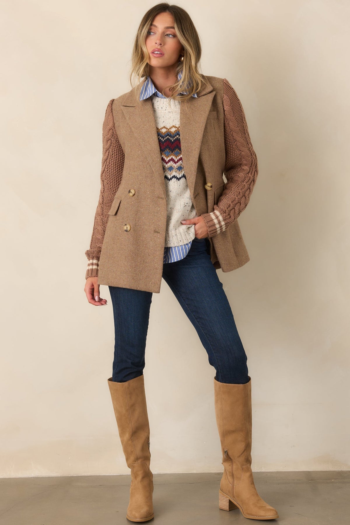 Well Suited Camel Wool Blend Knit Sweater Sleeve Blazer