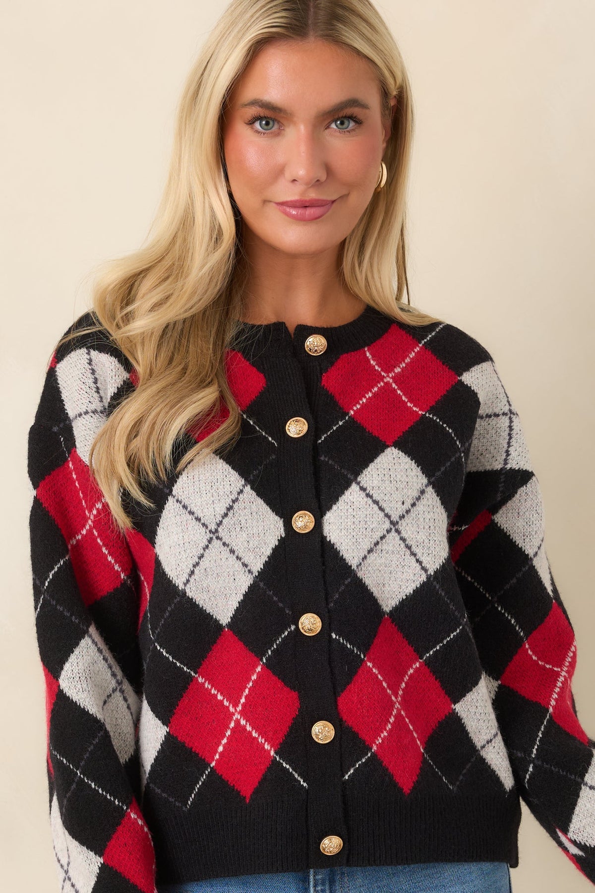 The Winning Combination Black & Red Knit Argyle Cardigan