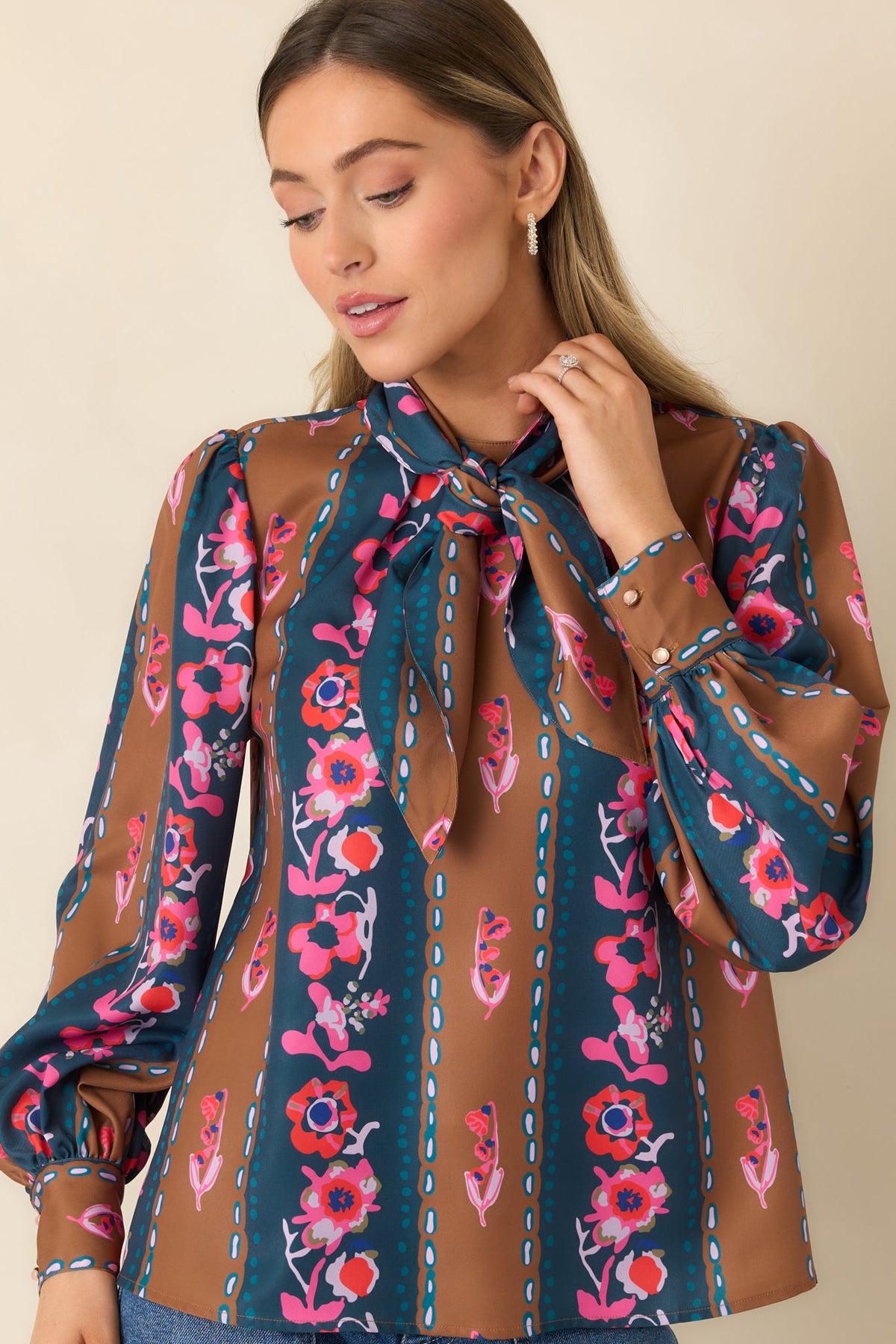 CROSBY Estelle Multi Floral Stripe Tie Neck Blouse